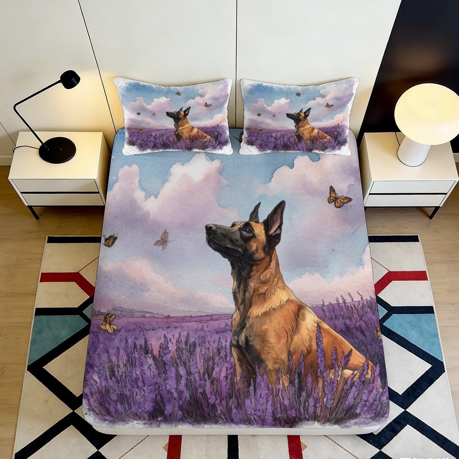 3D Printed Lavender Field Dog Fitted Sheet Microfiber Soft Mattress Cover for Bedroom Guest Room Decor 120x200cm 180x200x25cm