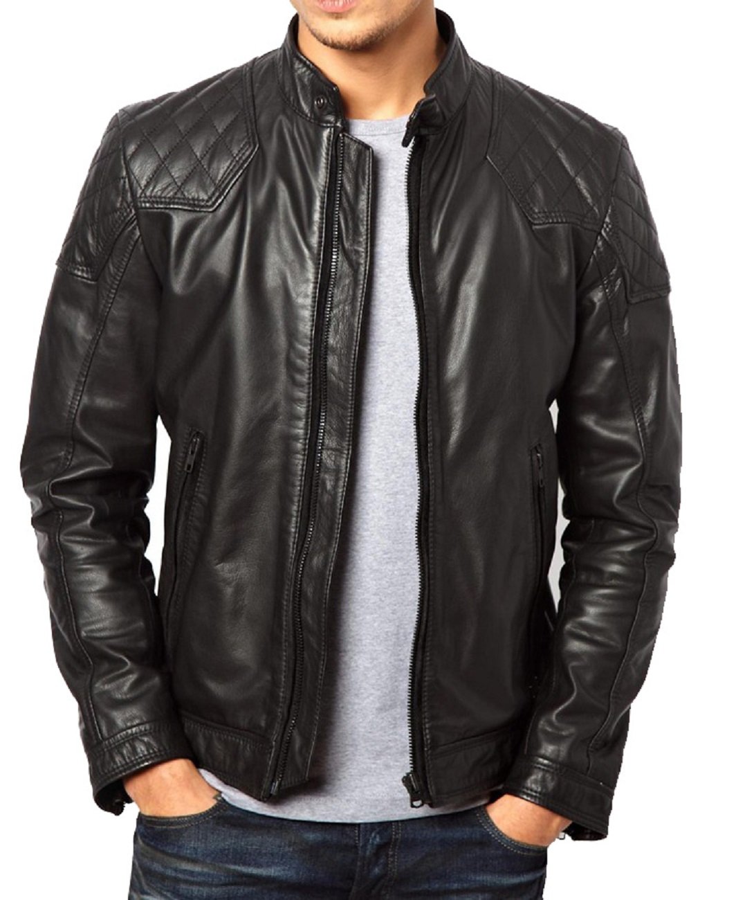 Leather Junction neu Herren Echt Lammleder Jacke Schwarz enge