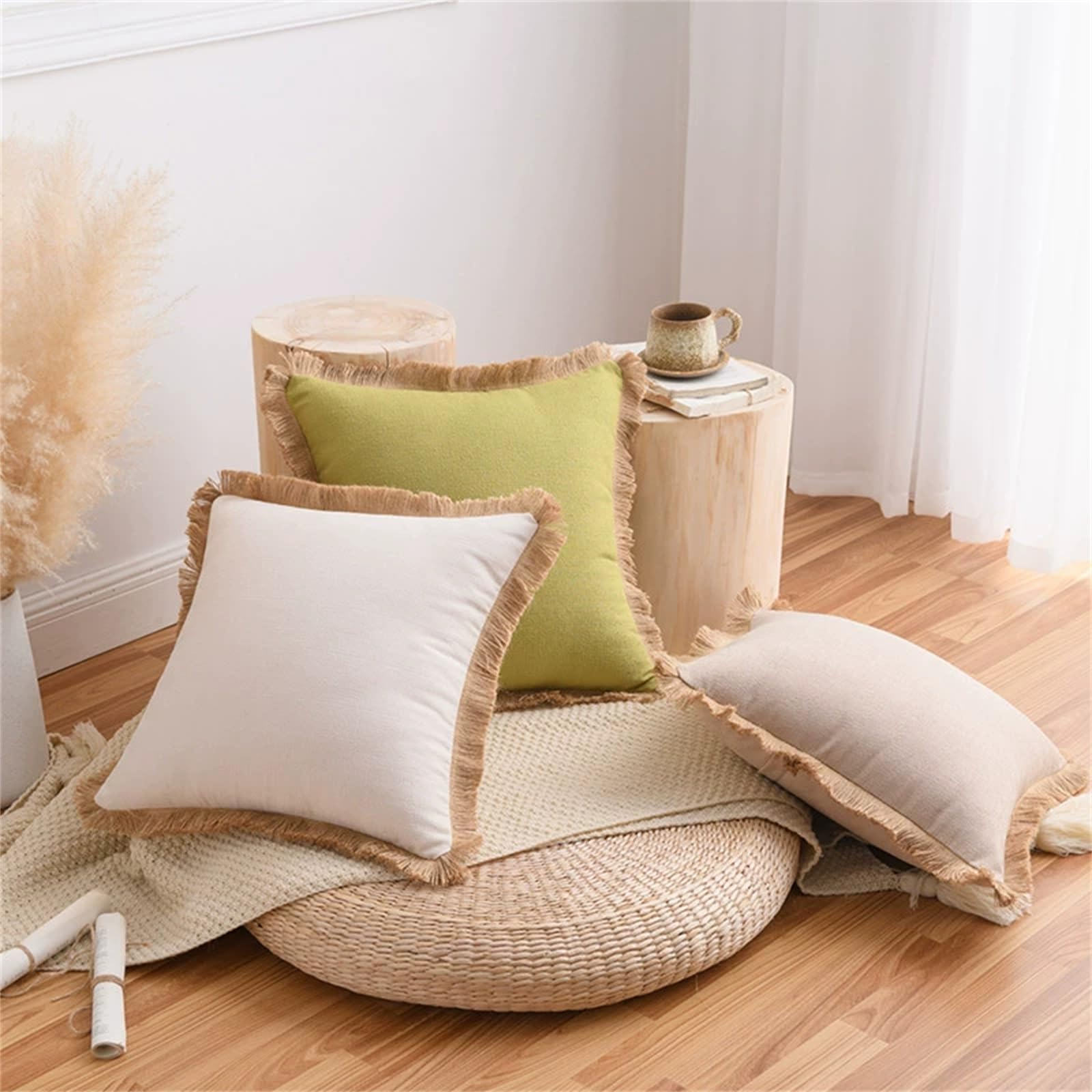 YUEZHONG Confezione Da 2 Federe Decorative In Lino Con Frange, Federe Boho Con Morbida Nappa, For Divano, Letto, Arredamento For La Casa(Cream)