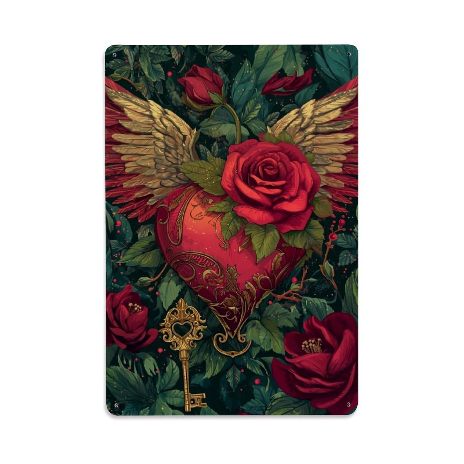 Heart Wings Rose Key Garden Retro Metal Tin Sign, Vintage Decor Art Poster for Bar, Home, Man Cave, Kitchen, Laundry Room Gift 8x12Inch