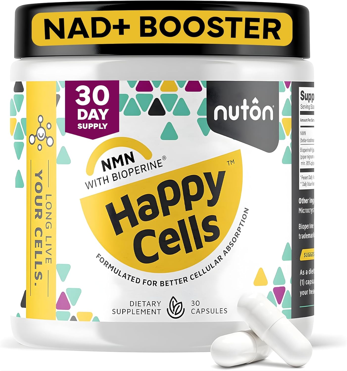 Nuton Happy Cells - NMN Supplement with Bioperine for Healthy Aging & Cellular Repair - NAD+ Supplement - Protects DNA, Promotes Skin Health & Brain Function - Vegan - Non-GMO Formula - 30 Capsules