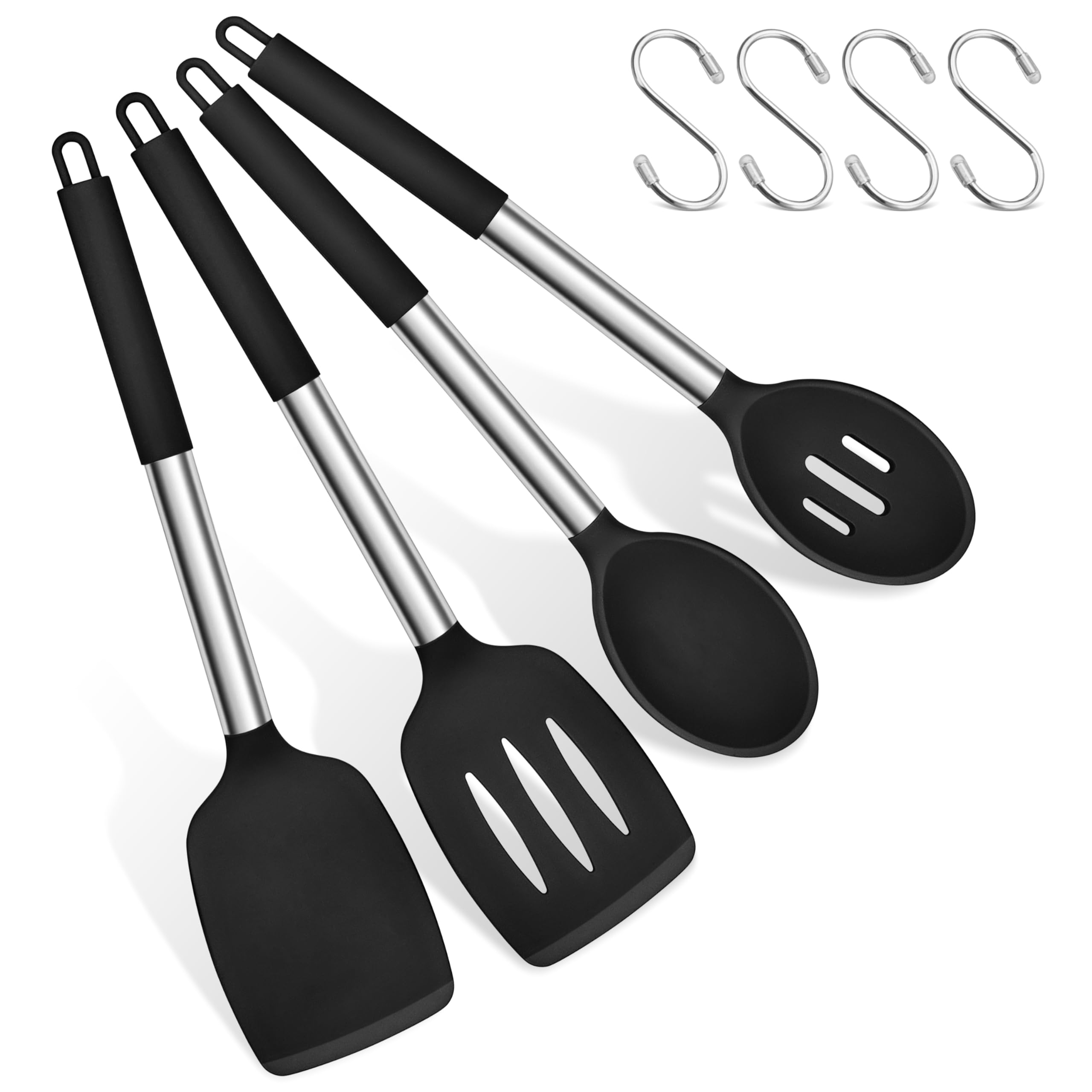 Herogo Pfannenwender Kochlöffel Set, Silikon Küchenutensilien Küchenhelfer für Kochen, Kochbesteck Kochgeschirr mit Edelstahlgriff, Langlebig & Spülmaschinenfest, Schwarz, 8 Stück