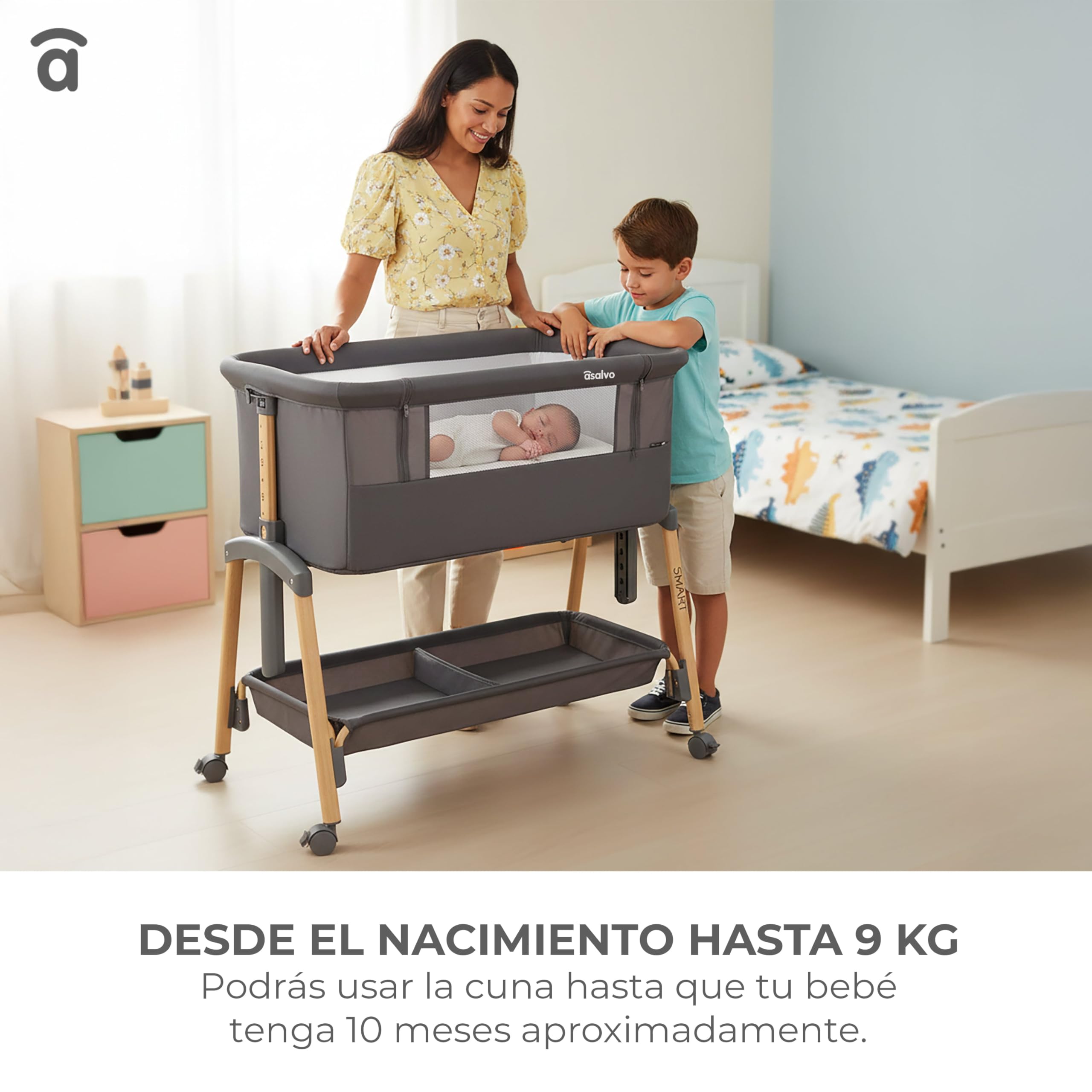 Asalvo Smart - Lettino 2 in 1 con 7 altezze regolabili, ruote con freni, materasso incluso, mini culla per neonati (beige)