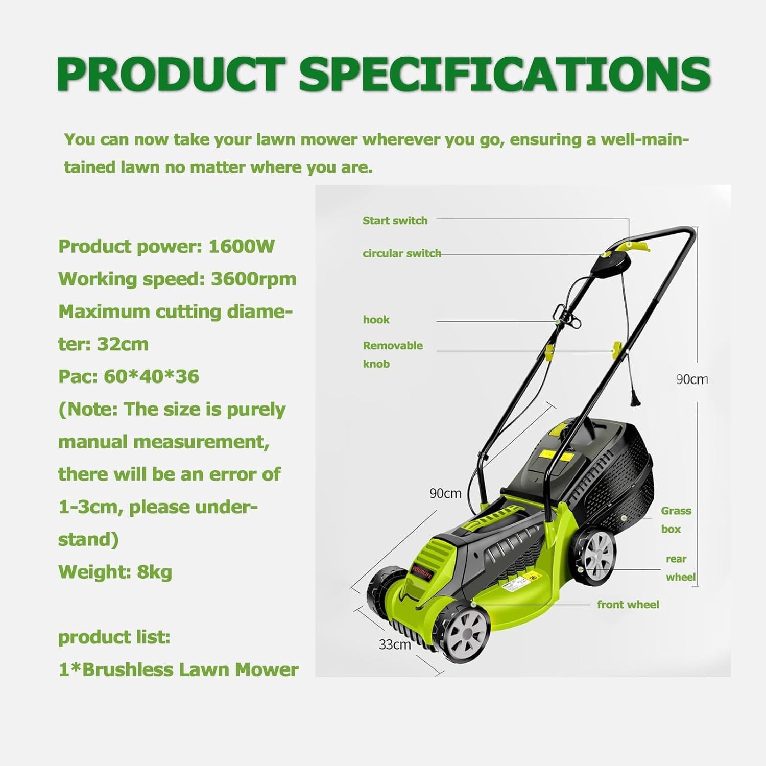 Cortacésped eléctrico 1600W, caja de hierba de 30L, ancho de corte de 32 cm, 3 alturas de corte ajustables (25-65 mm), asa plegable para fácil almacenamiento