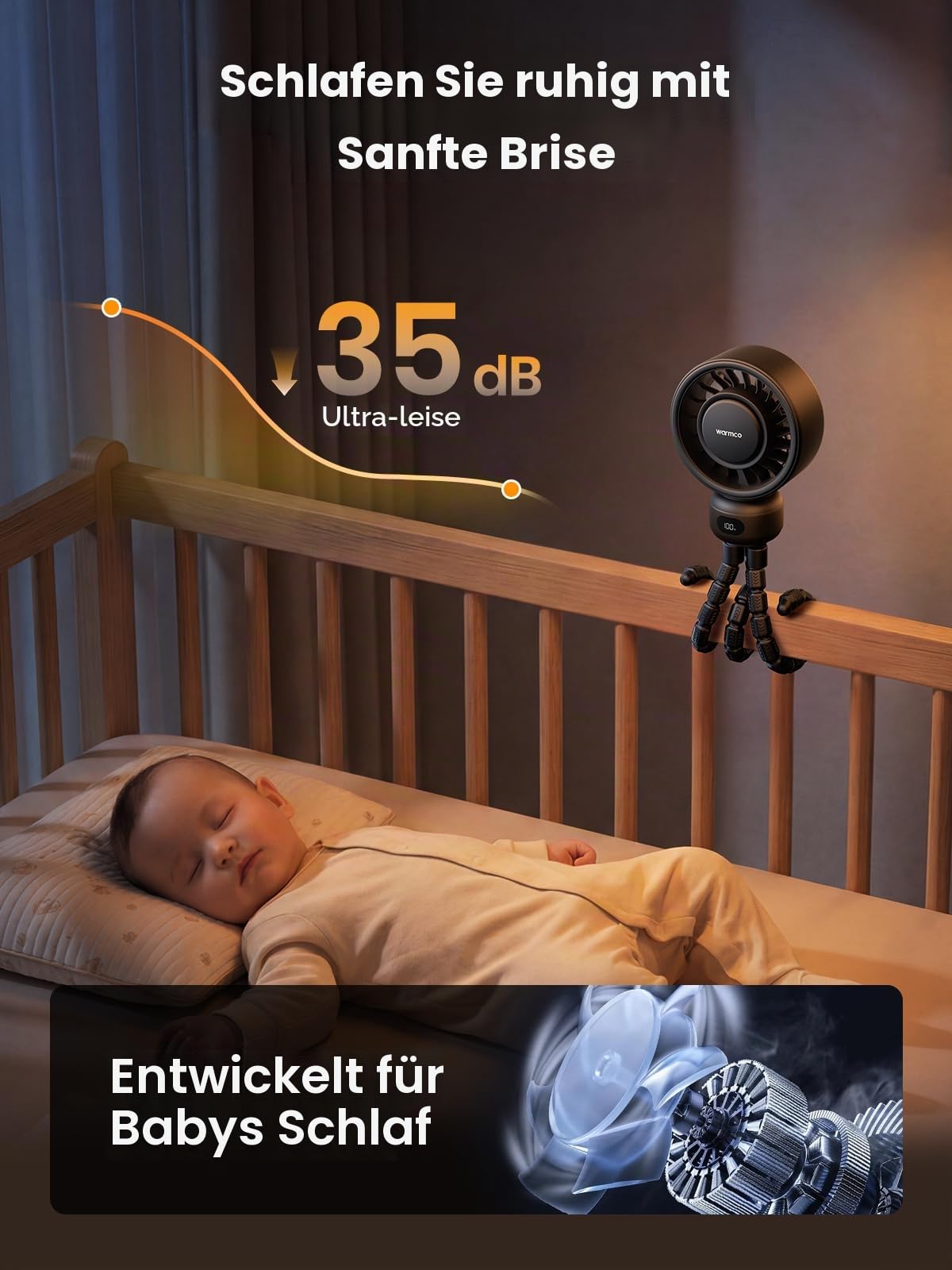 Warmco Tragbarer Kinderwagen-Ventilator, 4000 mAh, wiederaufladbarer Clip-On-Stativventilator (bis zu 15 H), 4 Geschwindigkeiten, LED-Display, abnehmbare Frontabdeckung, leiser Betrieb, für Autositz