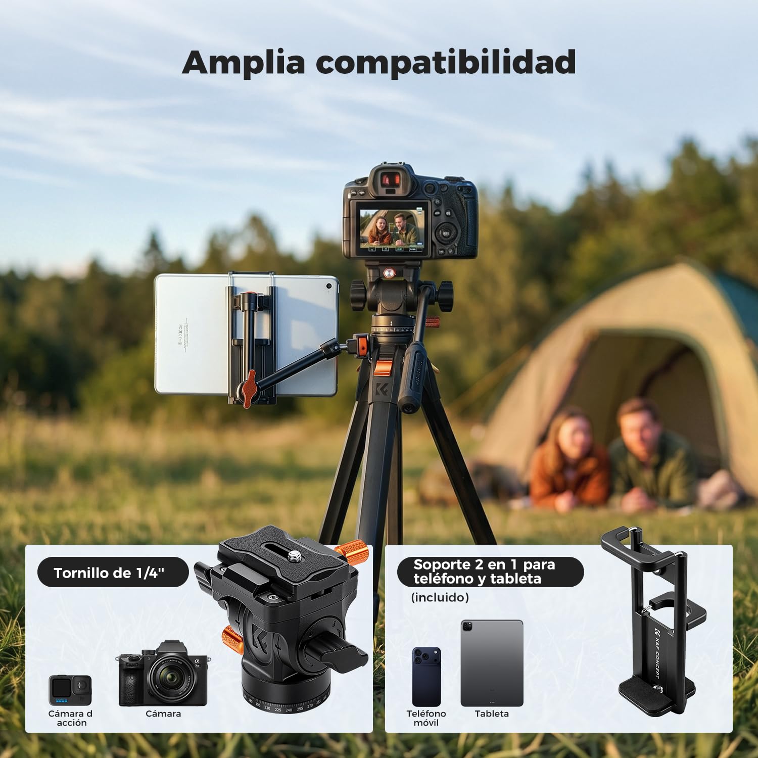 K&F Concept Trípode para Cámara 162cm | Cabezal Fluido, Trípode de Viaje de Aluminio para Vídeo, Movimiento Suave de Panorámica e Inclinación, Carga Máxima de 3kg