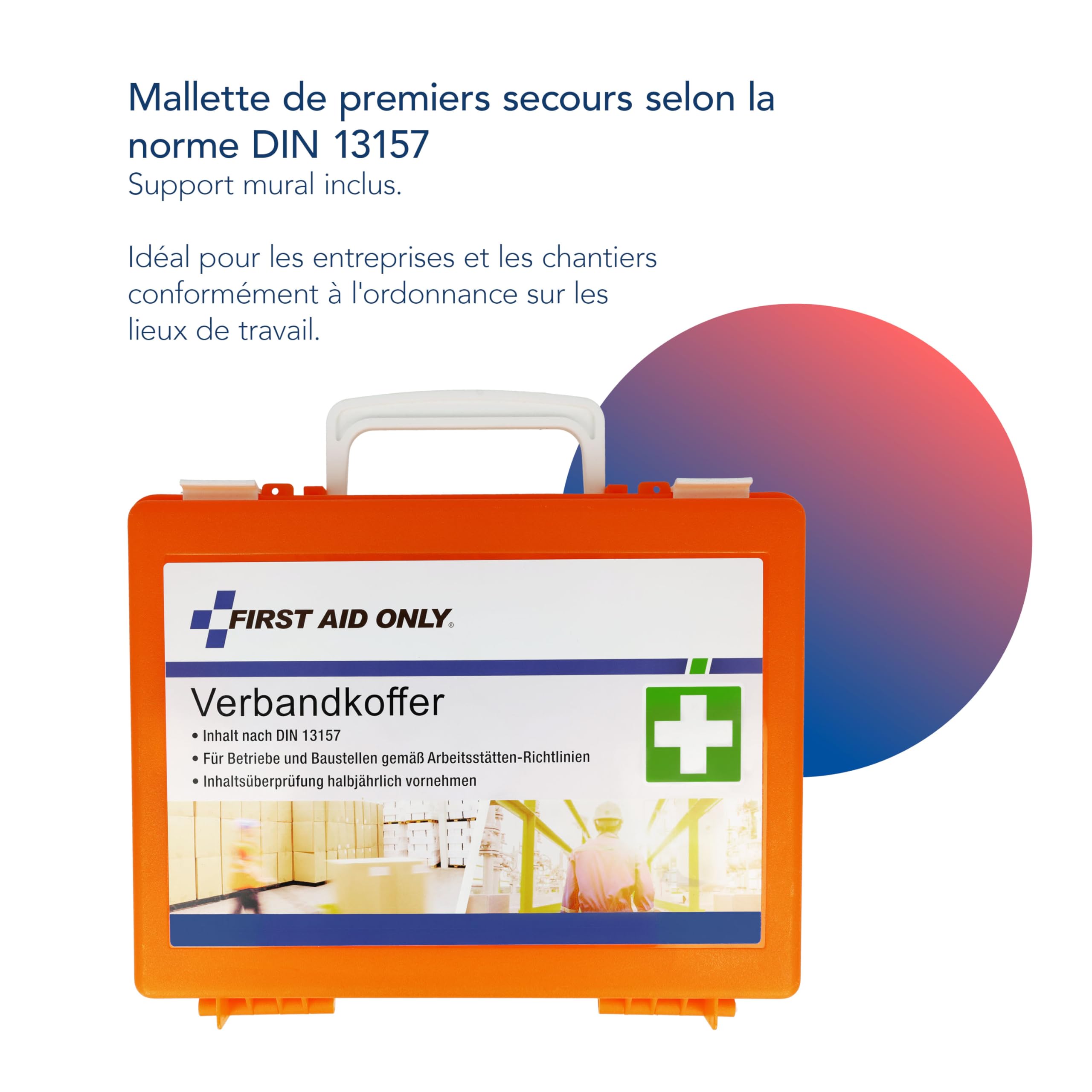 First Aid Only Trousse de premiers secours DIN 13157 avec support mural | Trousse de premiers secours compacte pour les entreprises et les ménages, conforme à la norme DIN 13157:2021 | P-10020