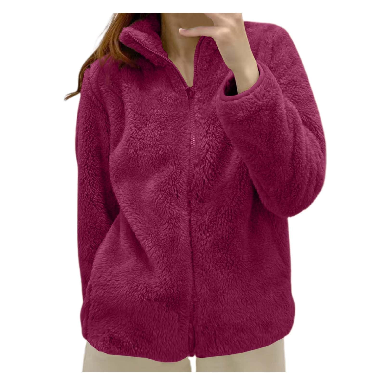 Veste en peluche chaude pour femme Fermeture éclair Manteau en peluche Veste polaire Décontractée Col montant Manches longues Veste en polaire courte Manteau d'hiver douillet
