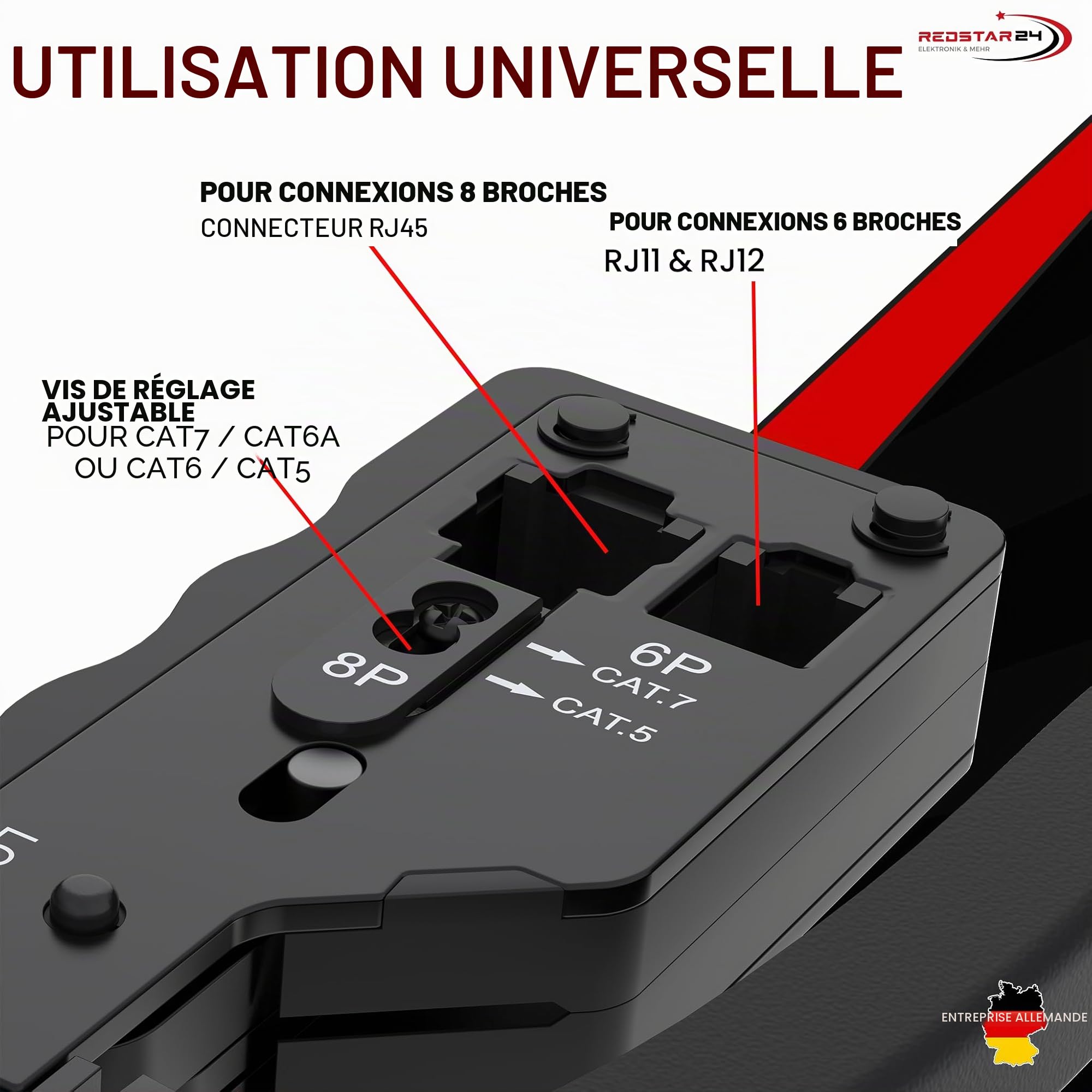RedStar24 Kit Testeur de Câble RJ45 Pince Sertir Fiche Pass Through CAT7 Outil de Réparation Ethernet LAN 10 pièces