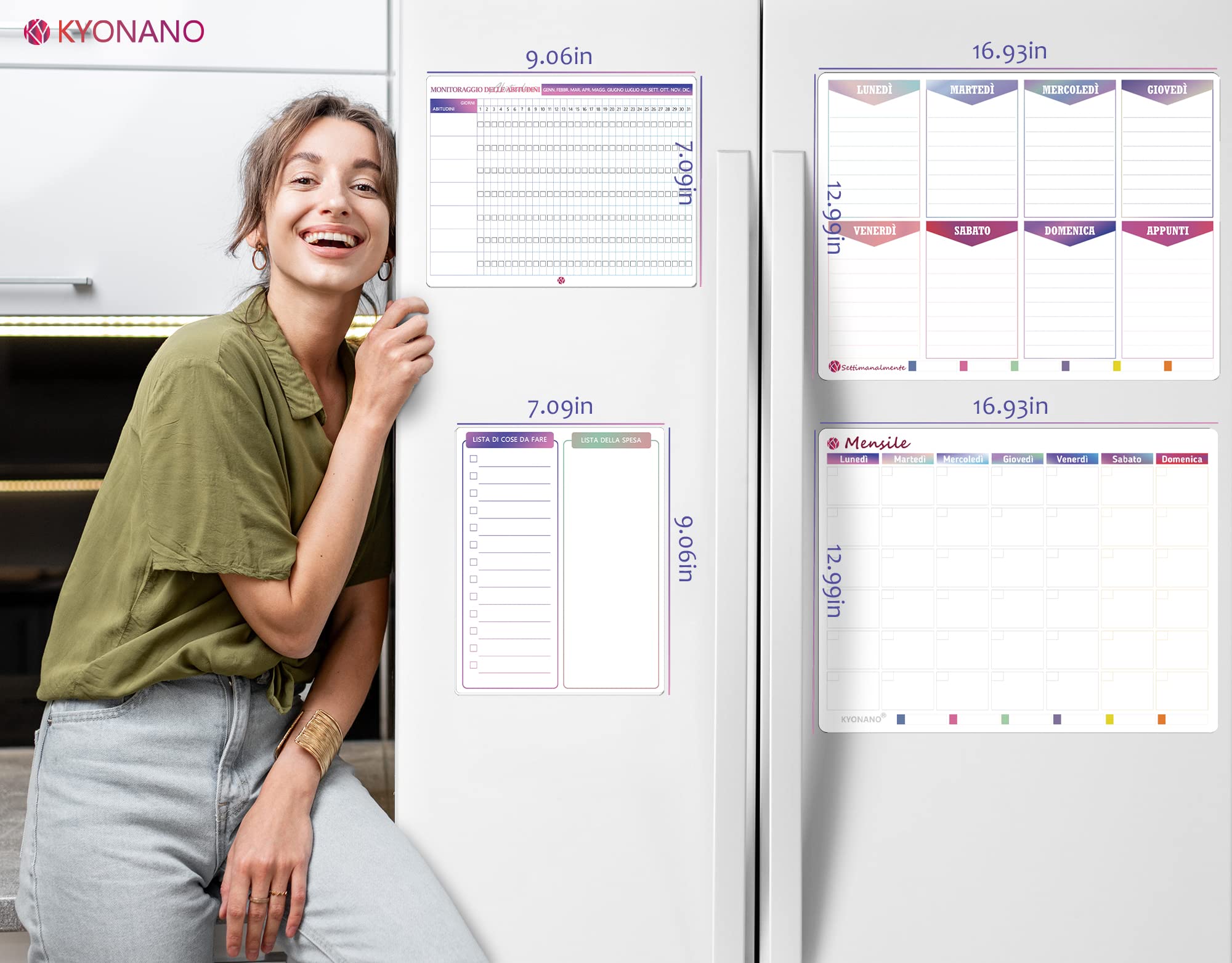 KYONANO Lavagna Calendario Magnetica frigo, incluso Pianificazione la Settimanale&Mensile+Lista delle cose da fare+tracciatore di abitudini, Lavagna Bianca Calendario cancellabile 4 Set - in Italiano