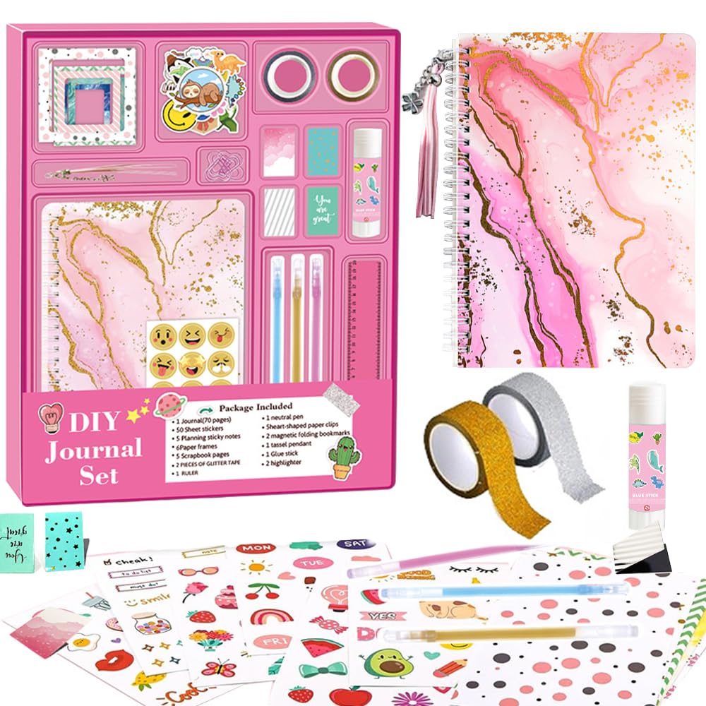 BLYPHOO DIY Journal Kit for Girls - Scrapbook & Diary Supplies Set - Gift for Girls Art & Crafts Toys for Kids - DIY Journal Set, Age 6-14 (Pink, Non-Foldable)