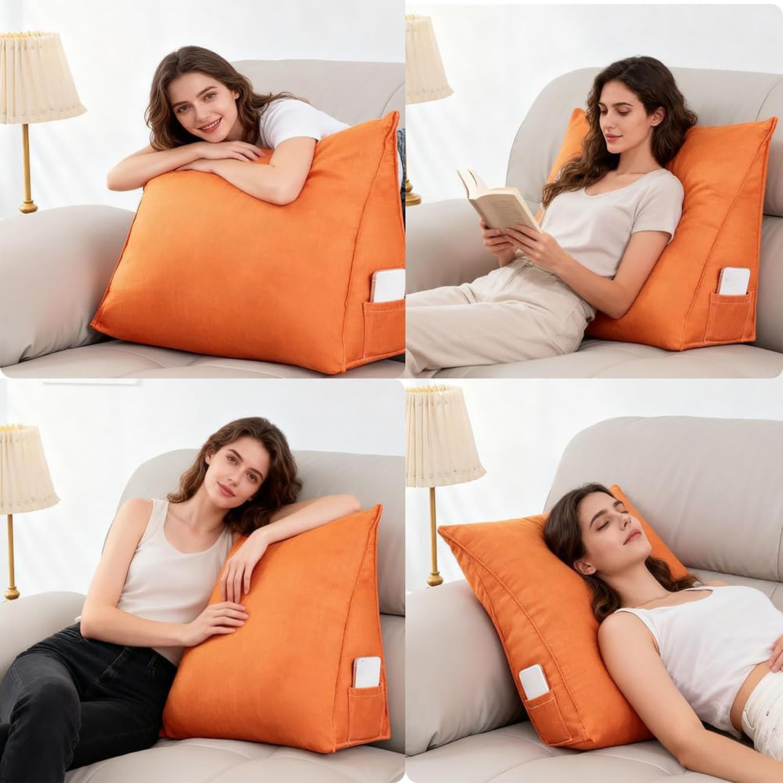 Cojín ergonómico triangular para la espalda, 40/47/60 cm, para cama/sofá, funda extraíble lavable, bolsillo lateral, almohada de lectura, soporte lumbar, 40 x 35 x 17 cm