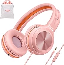 SIMOLIO Girls Wired Headphones with Microphone, 85dB 94dB 104dB Limited Volume Lightweight Foldable Headphones with Sharing Plug and Bag for Kids, Students, Smartphone, Computer