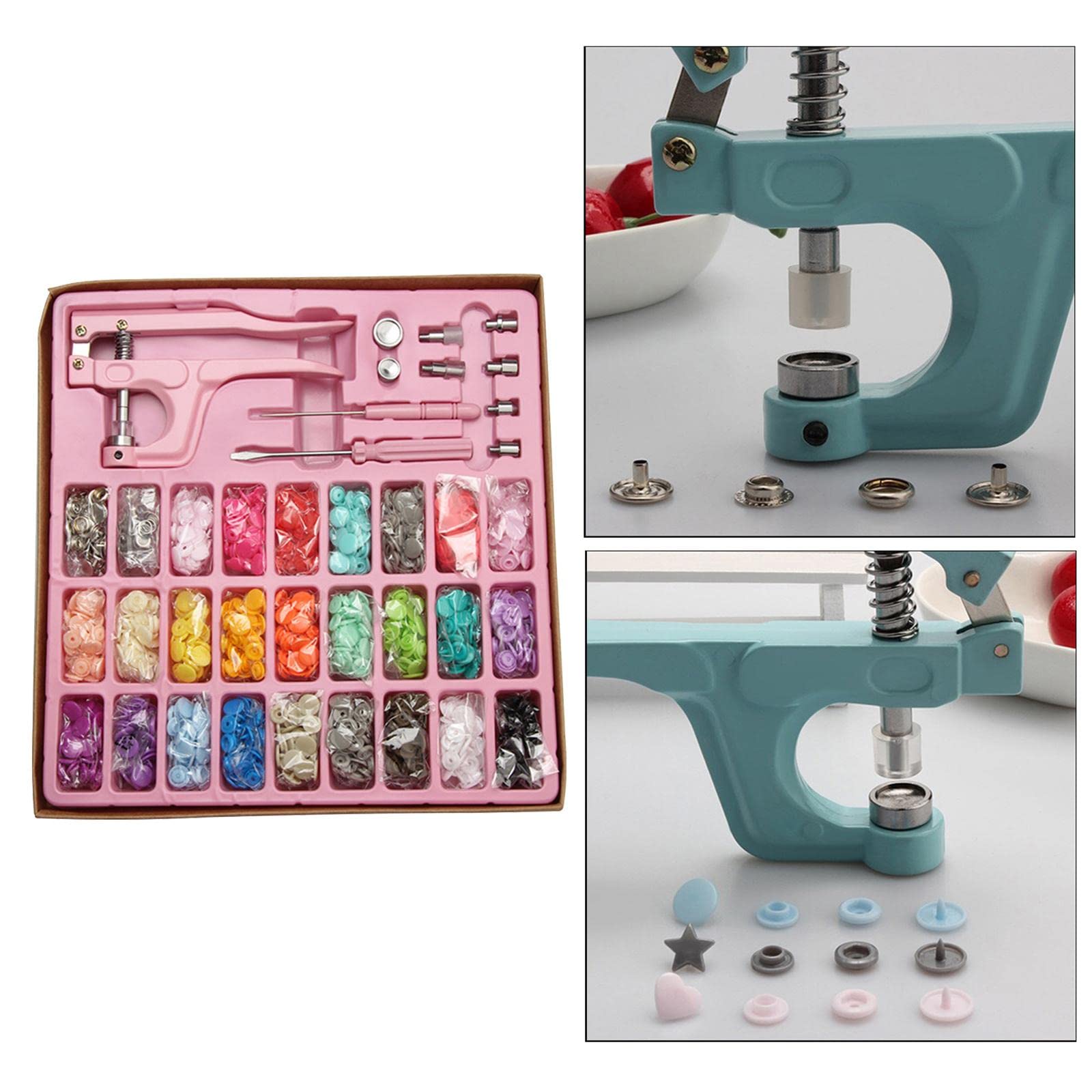 Kit di bottoni a pressione in metallo, 312 pezzi, con pinze, strumento per cucire, colore rosa