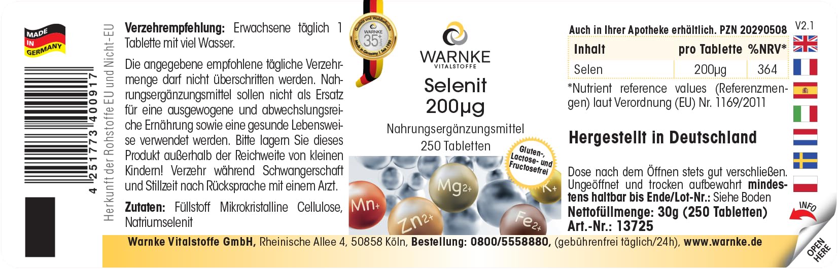 Selenite 200μg - 250 compresse - 200μg di selenio per compressa - Selenito di sodio - ALTO DOSAGGIO - Qualità farmaceutica tedesca - Vegano | Warnke Vitalstoffe