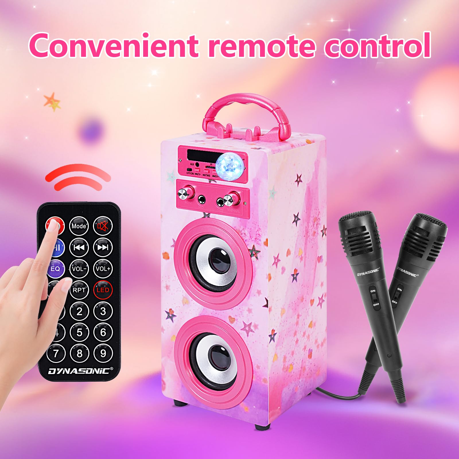DYNASONIC Przenośna maszyna do karaoke, 2 mikrofony, głośnik Bluetooth, światła, czytnik USB i SD, prezent dla dzieci w wieku 5-13 lat (025-15 LIGHTS)