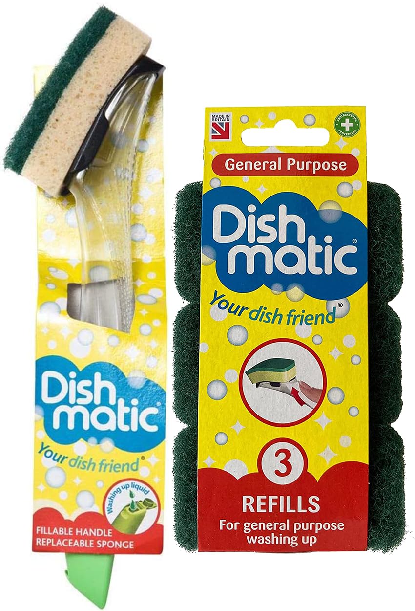 Fillable Washing up Brush and Sponge - Easy Grip Dish Cleaner - with 3X General Purpose Sponge Refills