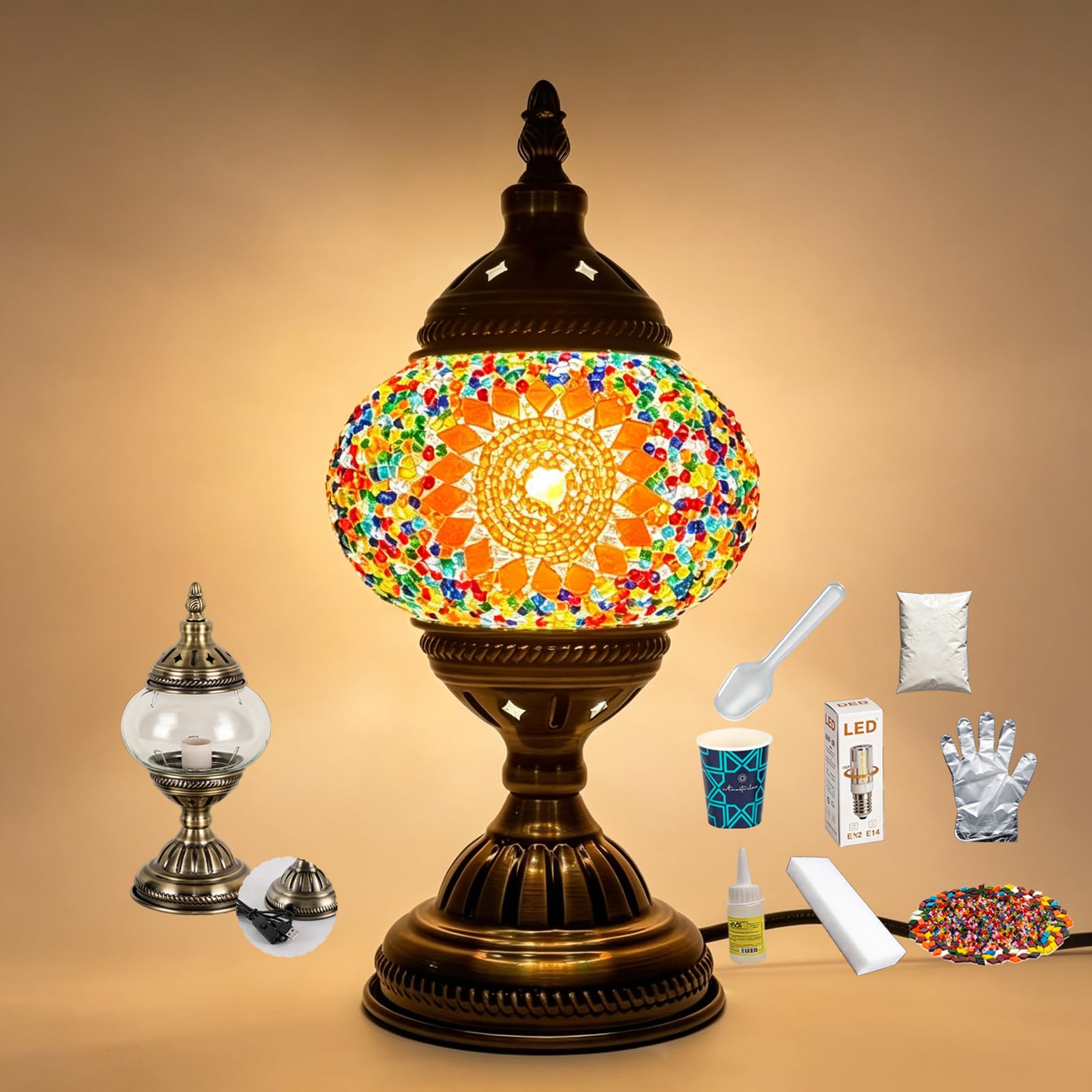 Kit fai da te con lampada a mosaico turco, inclusa lampadina LED alimentata tramite USB con base in bronzo, lampada da comodino in stile marocchino, luce notturna turca per camera da letto
