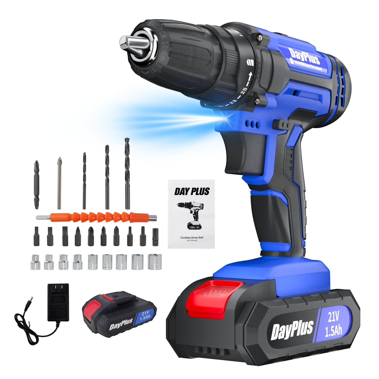 21V Cordless Combi Drill Driver and Screwdriver Set, Electric Power Drill Wall Drilling Tool Kit Set with 21v Batteries/ 0-400/0-1500 rpm Variable Speed/25+1 Torque Setting/45N.m Torque