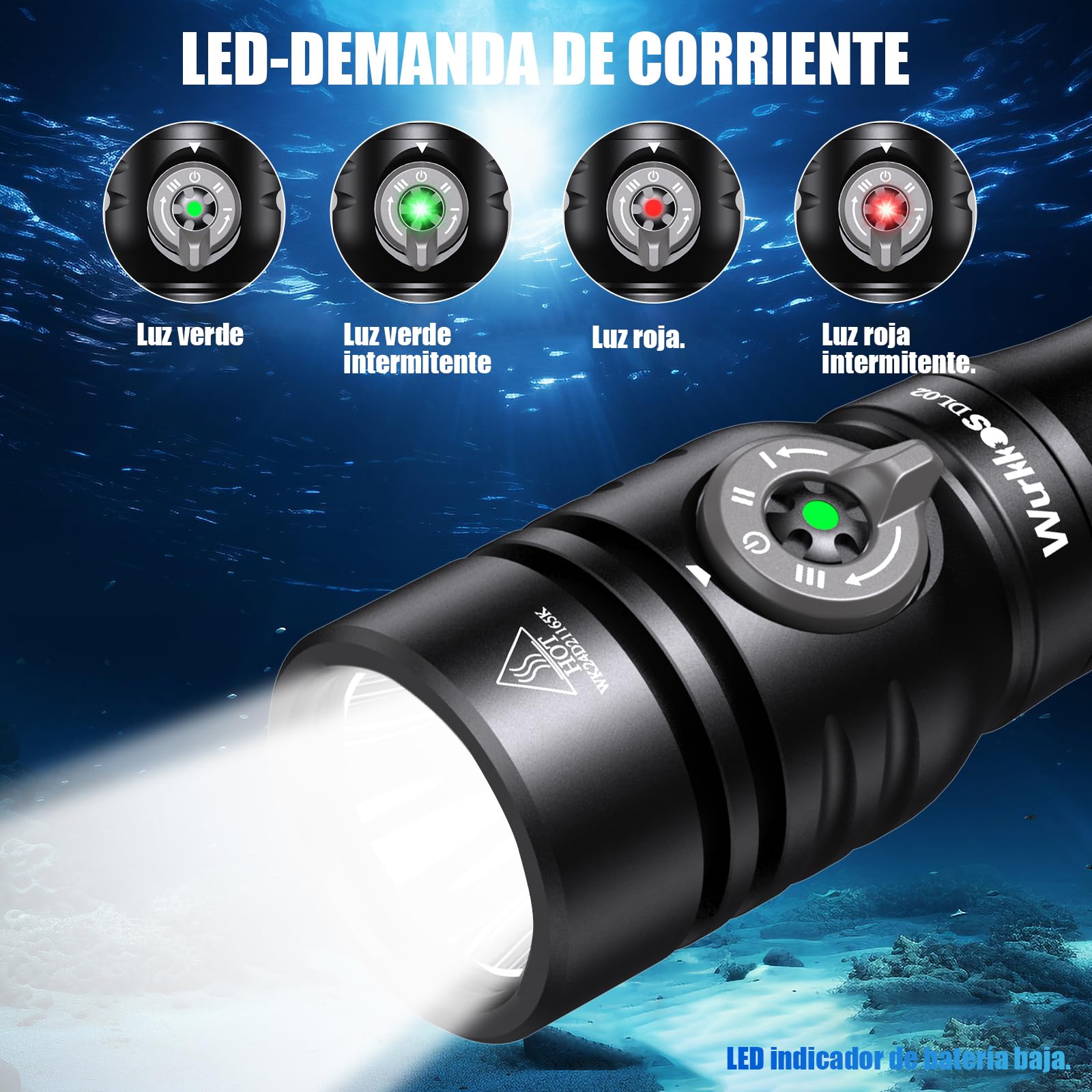 Wurkkos DL02 Linterna de Buceo Led, Antorcha de Buceo de 3000 Lúmenes con Indicador de Potencia, IPX8 Impermeable Profesional Recargable Luz de Buceo para Cueva 100m Submarina