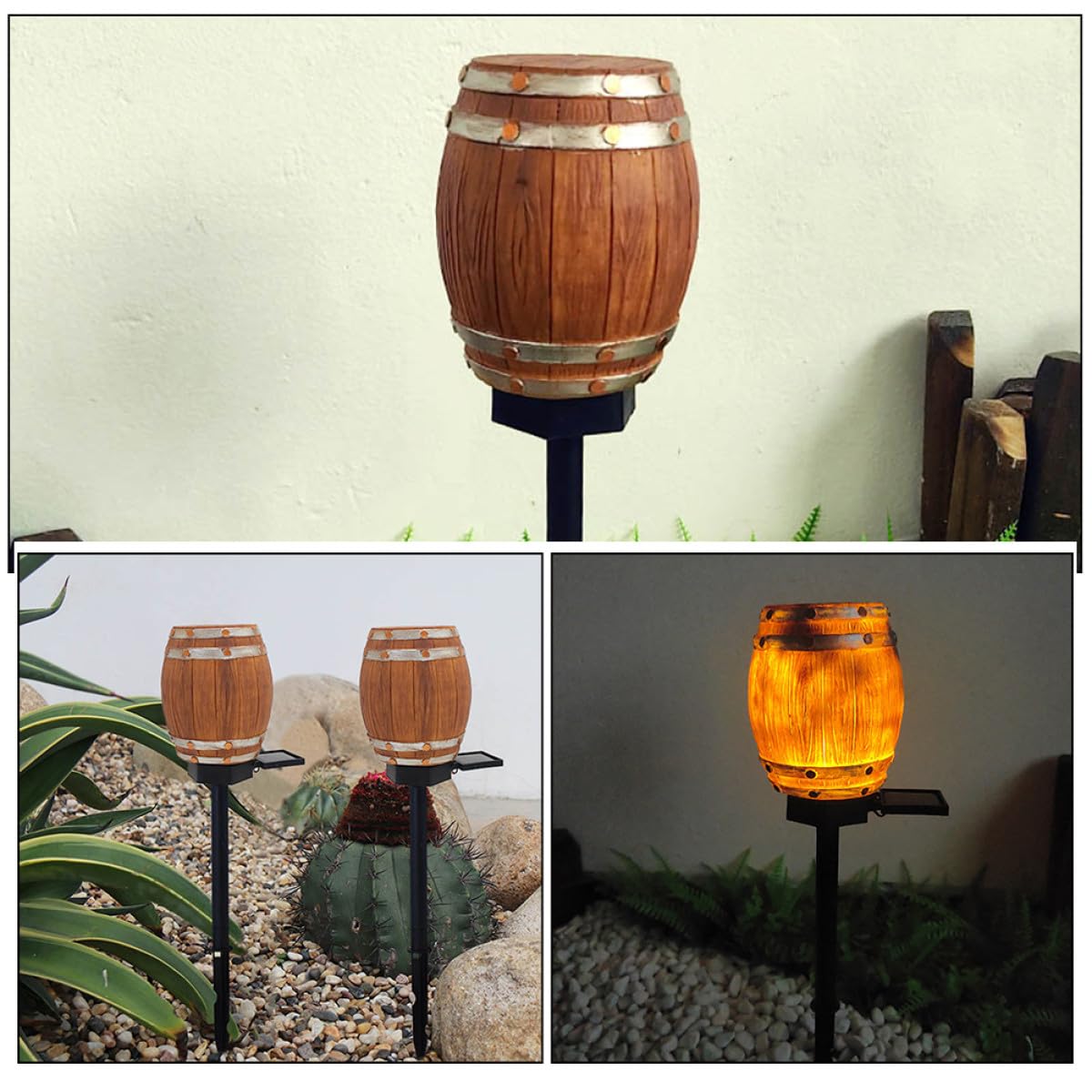YARNOW Luce Solare da Giardino a Forma di Botte in Resina, Decorativa e Creativa, Senza Fili, per Prato e Patio, Lampada a Energia Solare per Esterni