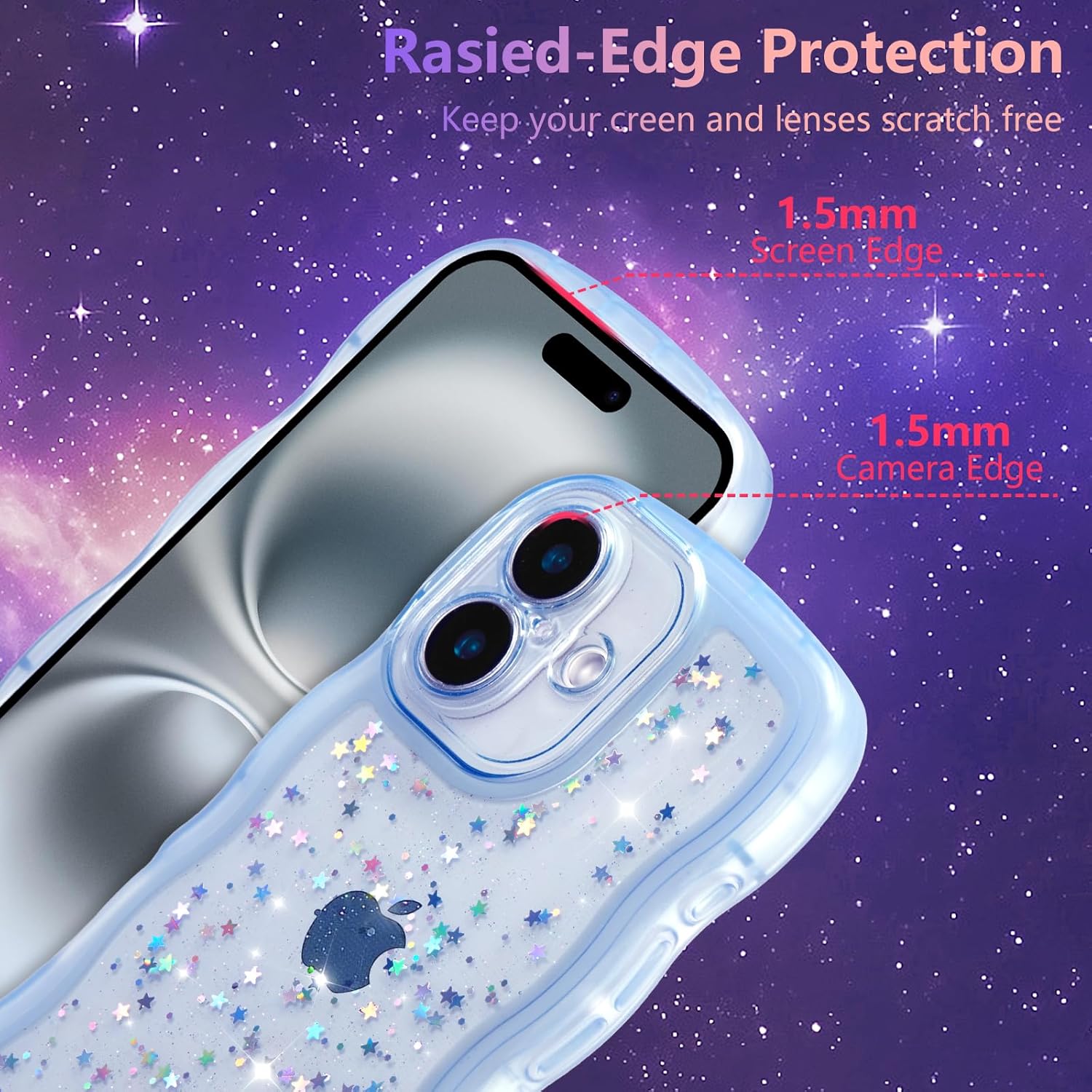ZTOFERA for iPhone 16 Case 6.1",Cute Curly Wave Case with Star Glitter,Clear Shiny Bling Soft TPU Shockproof Phone Protecive Cover for Women Girls-Blue - Image 2