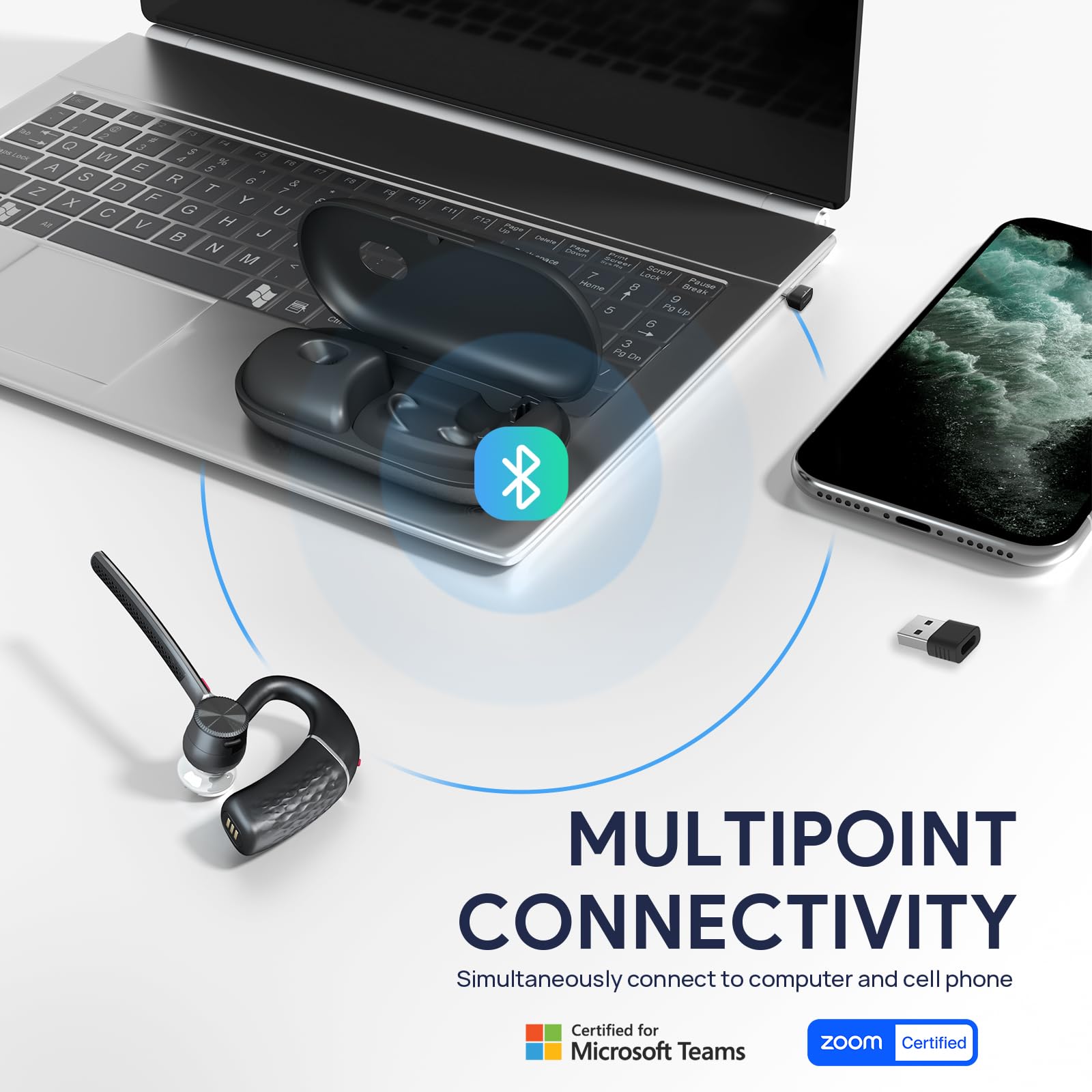 Yealink BH71 Pro - Cuffie Bluetooth con Dongle USB, certificato Teams, auricolare senza fili per cellulare, PC e laptop, microfono a riduzione del rumore, gancio per orecchio regolabile