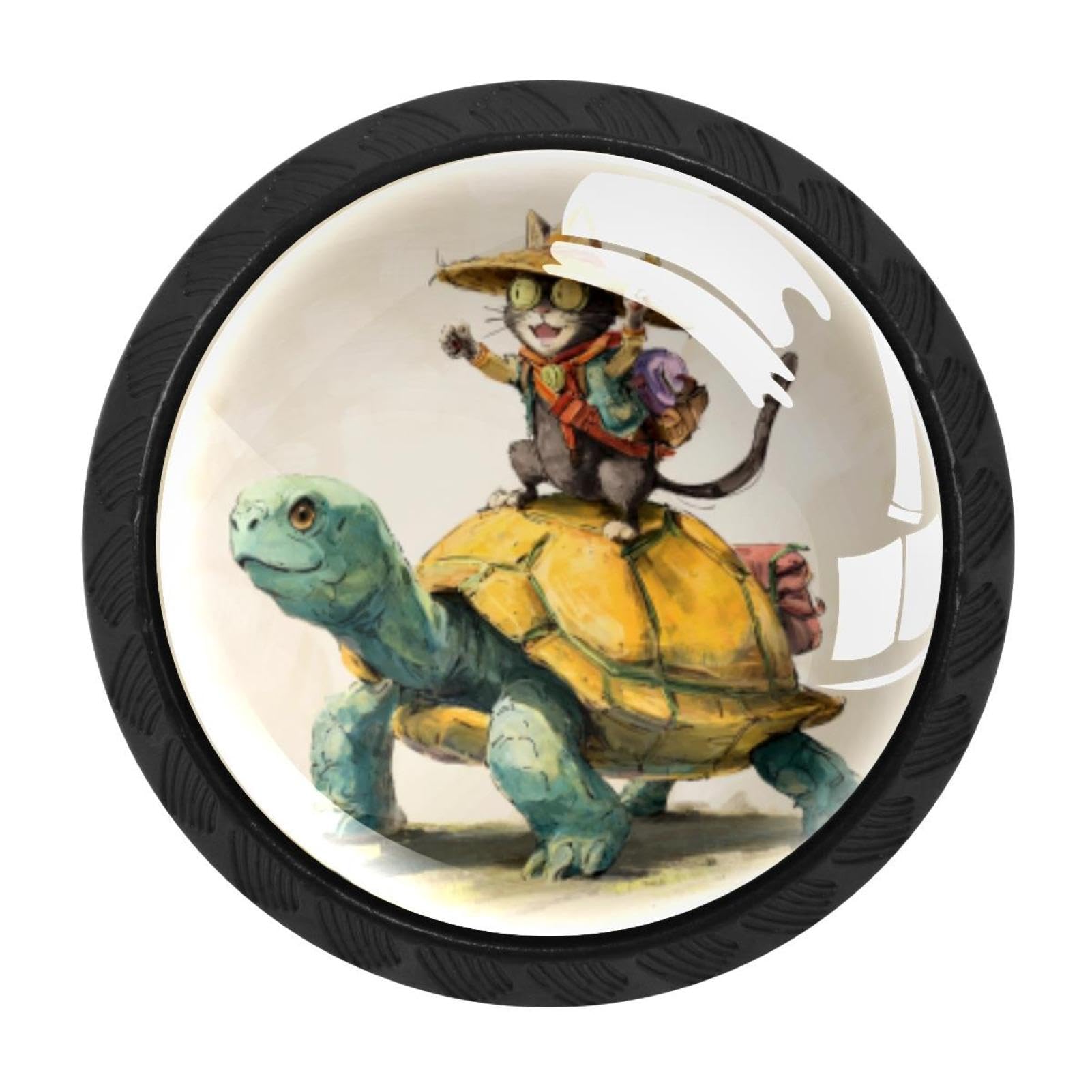 CHENZZZZ 4 Pack Round Cabinet Knobs for Kitchen Bathroom Closet Dresser Cabinets, Cat Riding Turtle