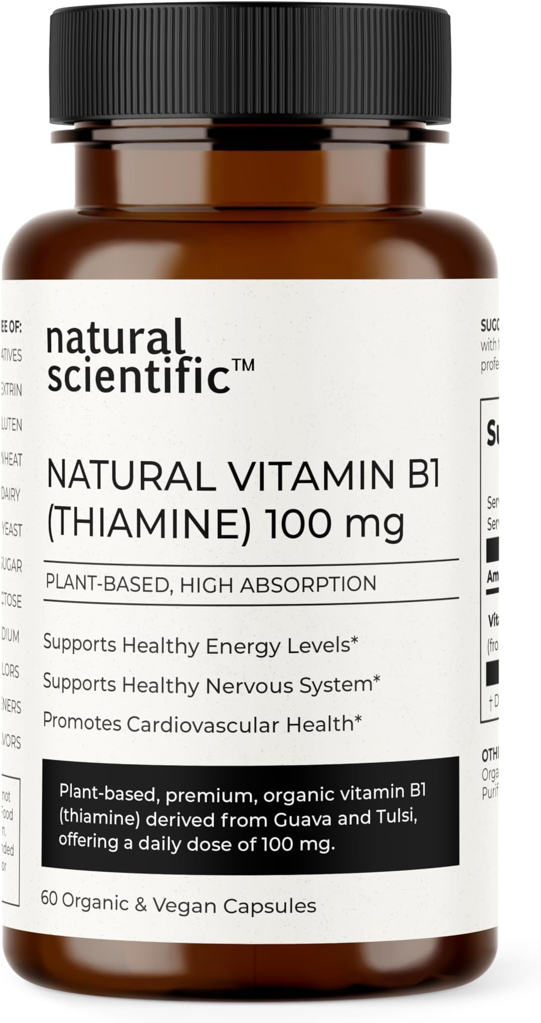 Vitamin B1 (Thiamine) Supplement 100mg - from Organic Guava and Tulsi - 30 Day Supply - Plant-Based, Gluten-Free, Vegetarian, Non-GMO - 60 Capsules - Premium Dietary Supplement