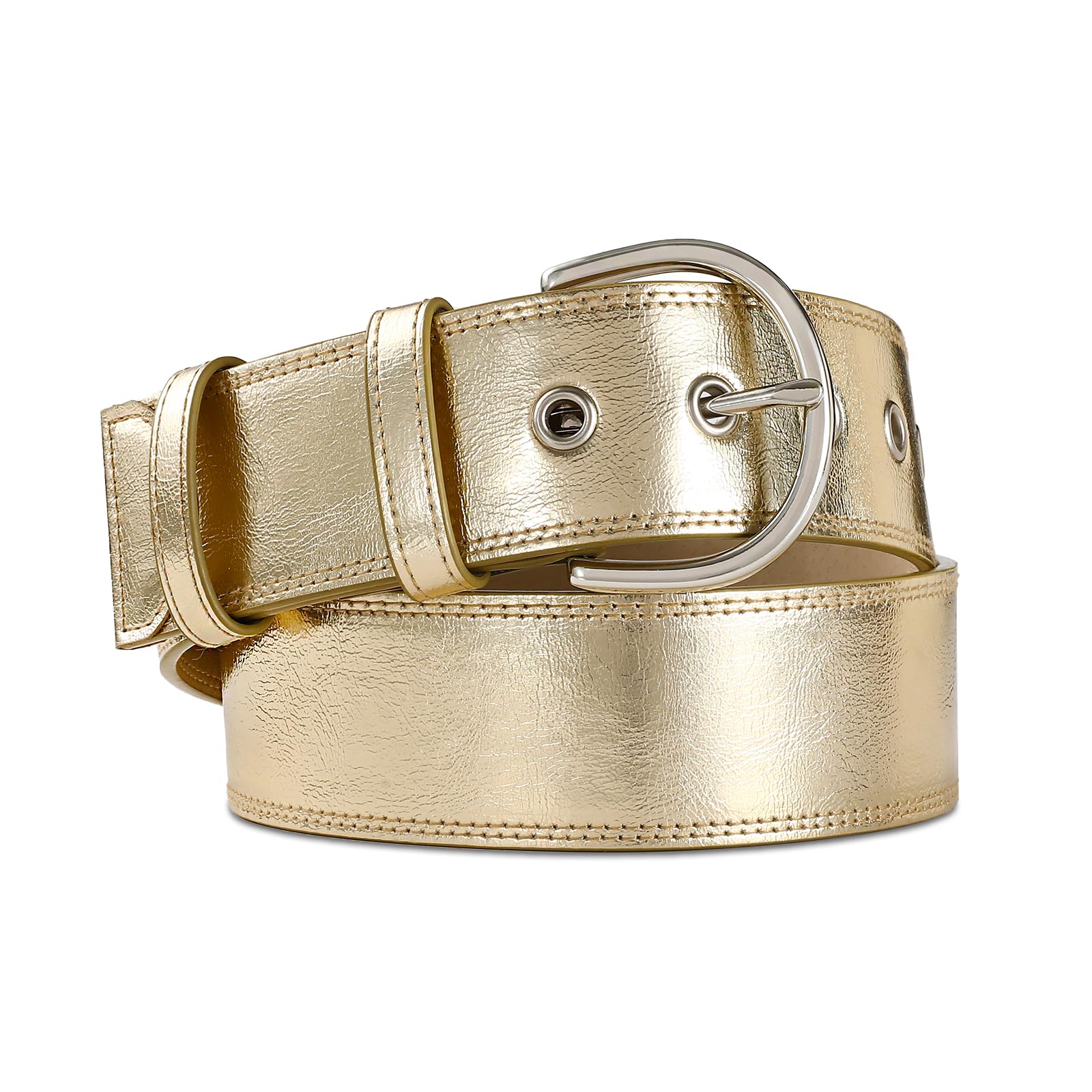 RISANTRY Women Casual Leather Gold Belt for Jeans Pants, Fashion Ladies Girls Gold Faux Leather Waist Belt