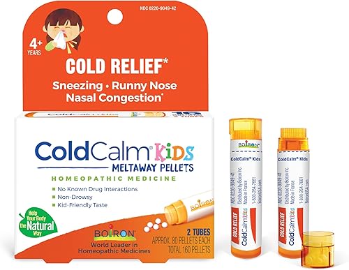 Boiron ColdCalm Kids Pellets para aliviar los síntomas comunes del resfriado como estornudos, secreción nasal, dolor de garganta y congestión nasal,