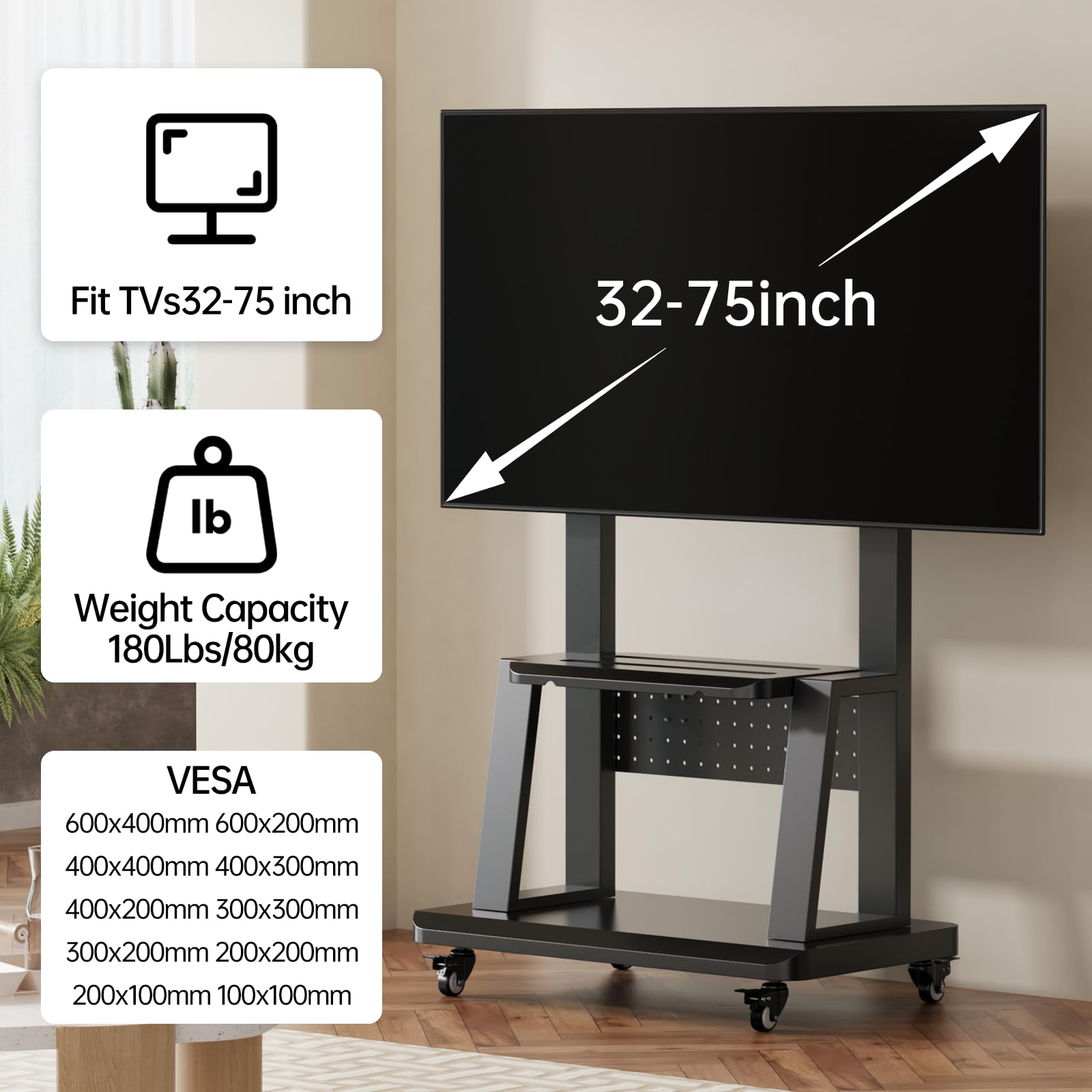Soporte de TV móvil con ruedas para TV de 32 a 75 pulgadas plano/curvado/LCD/OLED, soporte portátil de suelo con estante de acero y plataforma de agujero, altura ajustable soporta hasta 180 libras