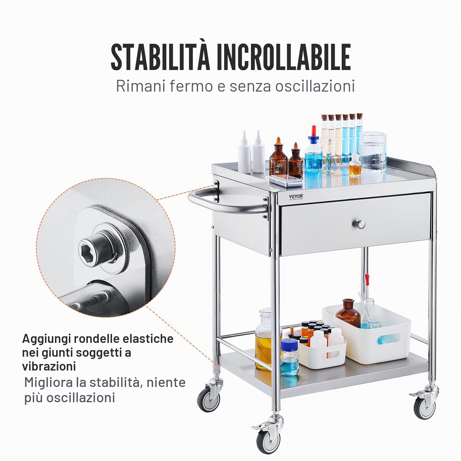 VEVOR Carrello da Laboratorio in Acciaio Inox 2 Ripiani 100kg 710 x 421 x 785 mm