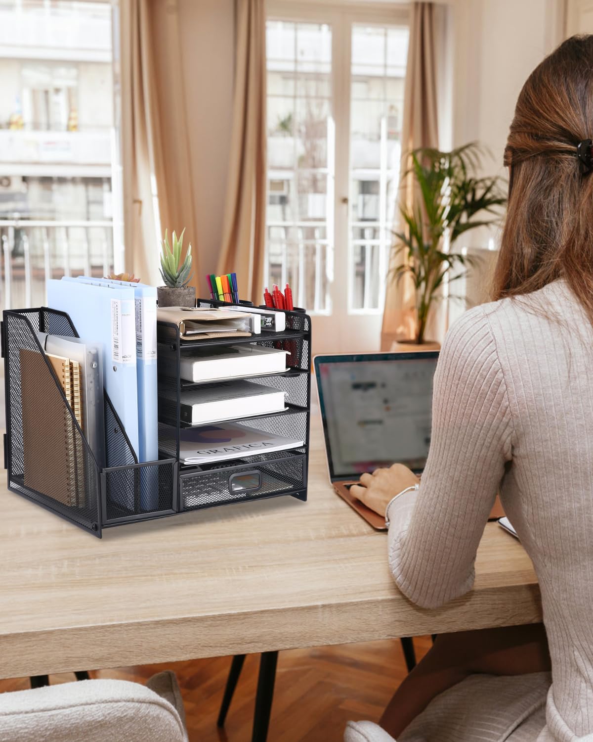 Organizador de Escritorio de Metal de 5 Niveles con Cajón y Portalápices Negro