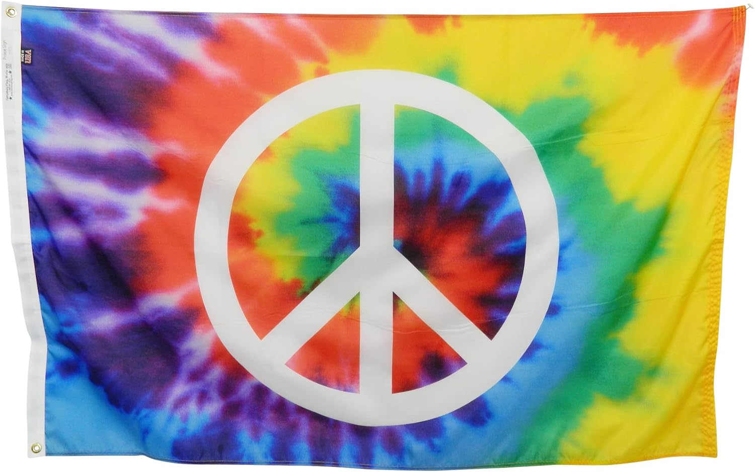 3x5' Tie Dye Peace Sign Flag, Durable All-Weather Nylon, Reinforced Fly End Stitching, Proudly Made in the USA