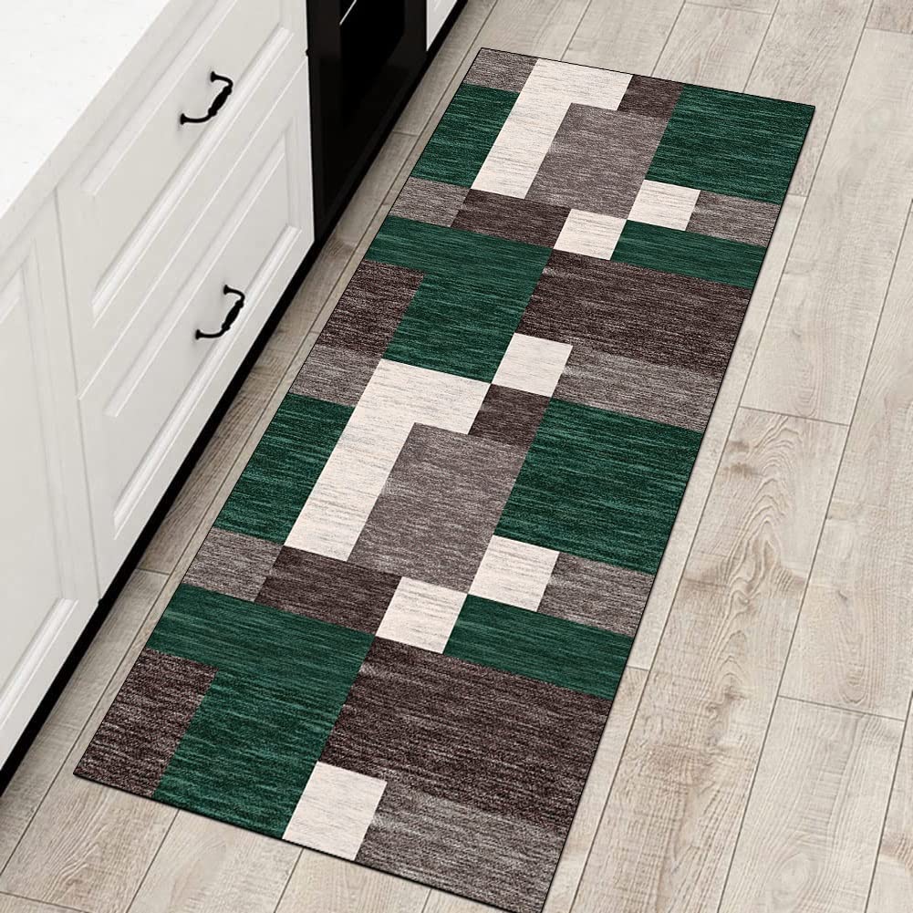 Tappeto per corridoio, antiscivolo, verde, marrone, 2'3 x 5,9 cm, patchwork, lavabile, decorazione per la casa, per cucina, corridoio, soggiorno, porta con retro in gomma, larghezza 40-120 cm