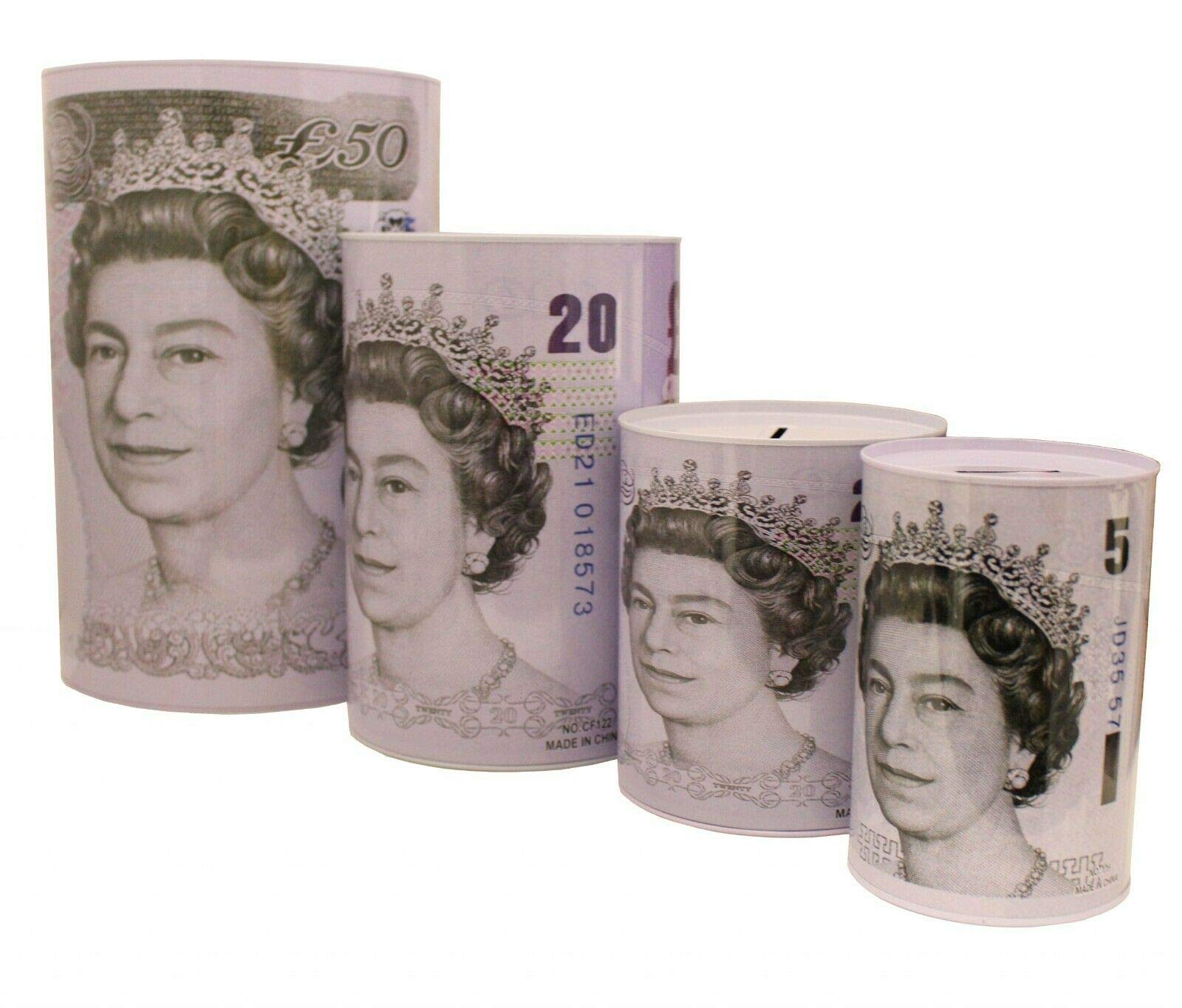 allclearanceuk® 4 Pack Money Tin Boxes | Tinplate | Multi-Colour Notes Design Sterling Money Tin Set