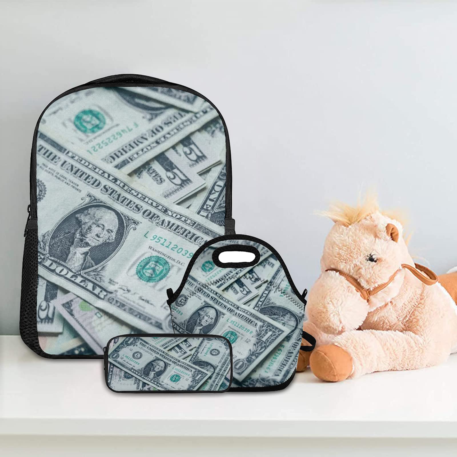 Juego de mochila escolar, billetes de banco de abundancia, billetes de dólares estadounidenses, con bolsa de almuerzo y estuche para lápices, para niñas, niños, adolescentes, bonita mochila escolar