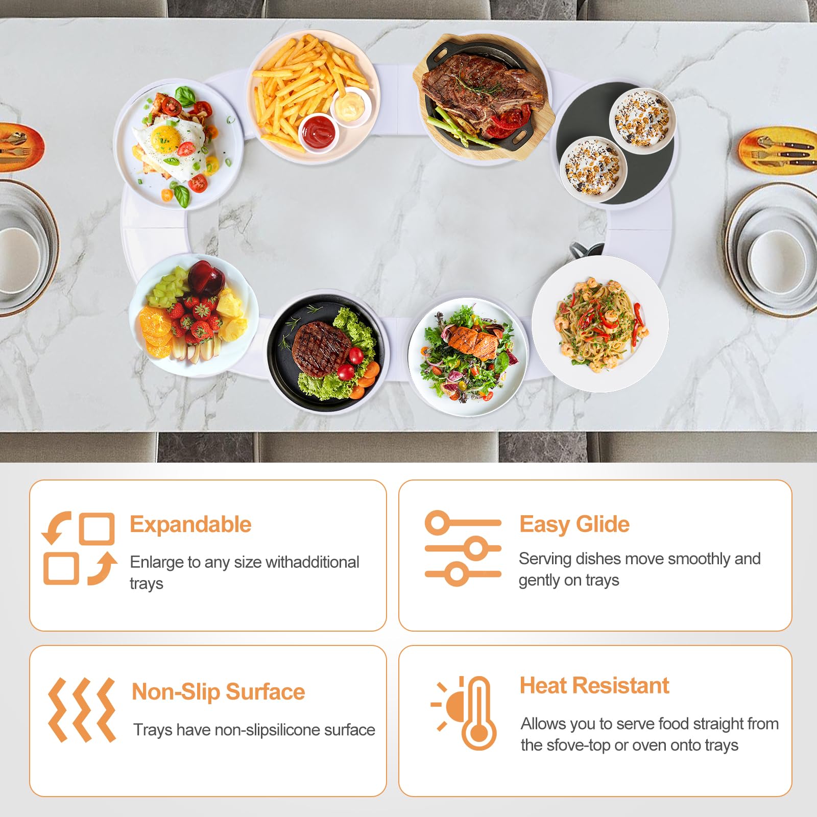 Tocadiscos expandible, bandeja giratoria de 360° para mesas de comedor, ideal para mesas rectangulares y rectangulares, perfecta para tazas de alimentos, fiestas y reuniones