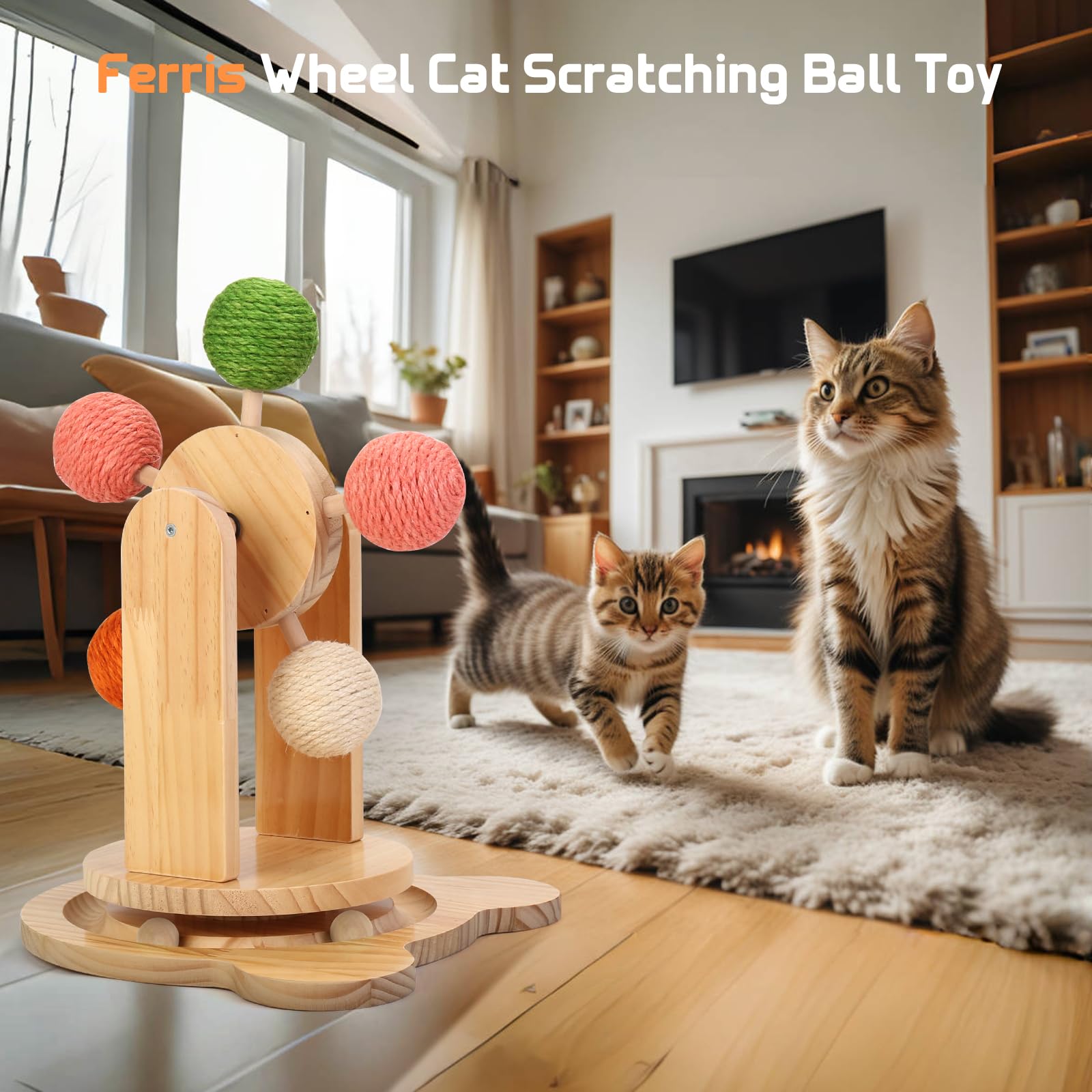 Roulettes pour chat d'intérieur, piste de balle 2 en 1 pour chat, jouet interactif à griffer pour chat, balle griffoir pour chat, base en bois massif