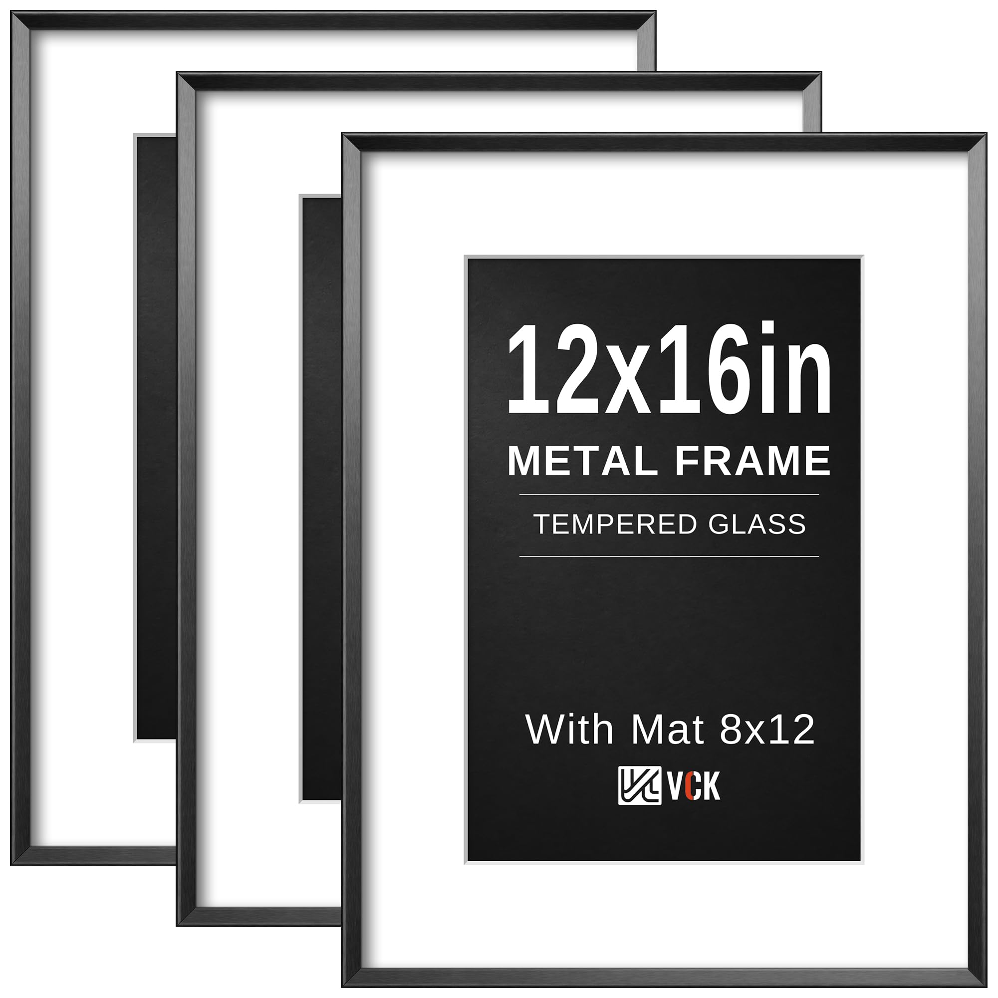 VCK 12X16 Aluminum Black Picture Frames with Real High Definition Glass, 3 Pack Metal Poster Frame with Mat for 8x12 Picture or 12x16 without Mat
