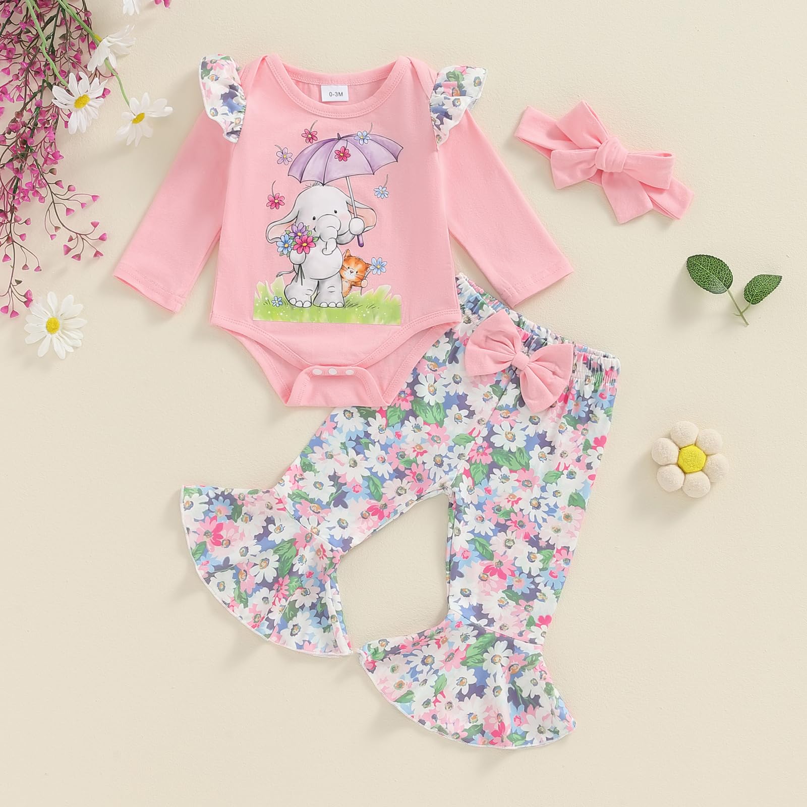 Rtnnsbbfcm Newborn Baby Girl Clothes Fall Outfit Long Sleeve Elephant Romper Floral Bell Bottoms Headband 3Pcs Set (Pink, 0-3 Months)