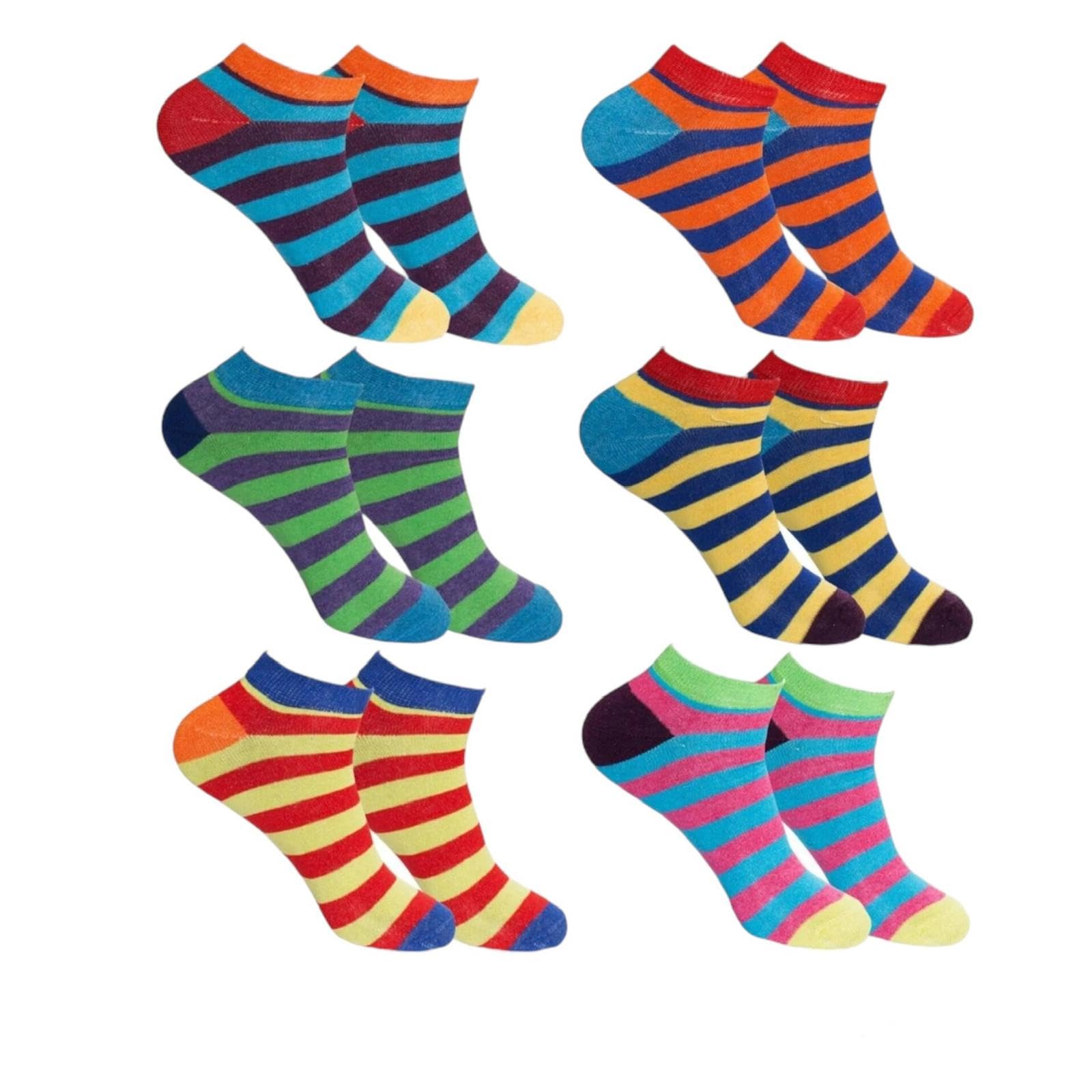 12 Pairs Men's - Ladies Striped Trainer Socks | Summer Colors | Ankle Liners No-Show Low Cut Sports Running Sneaker Socks | Moisture-Wicking & Breathable