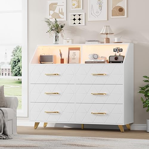 6 Drawer Bedroom Dresser with Charging Station, Wooden Dresser with LED Lights Storage Freestanding Drawers for Living Room, Bathroom, Entryway, Hallway