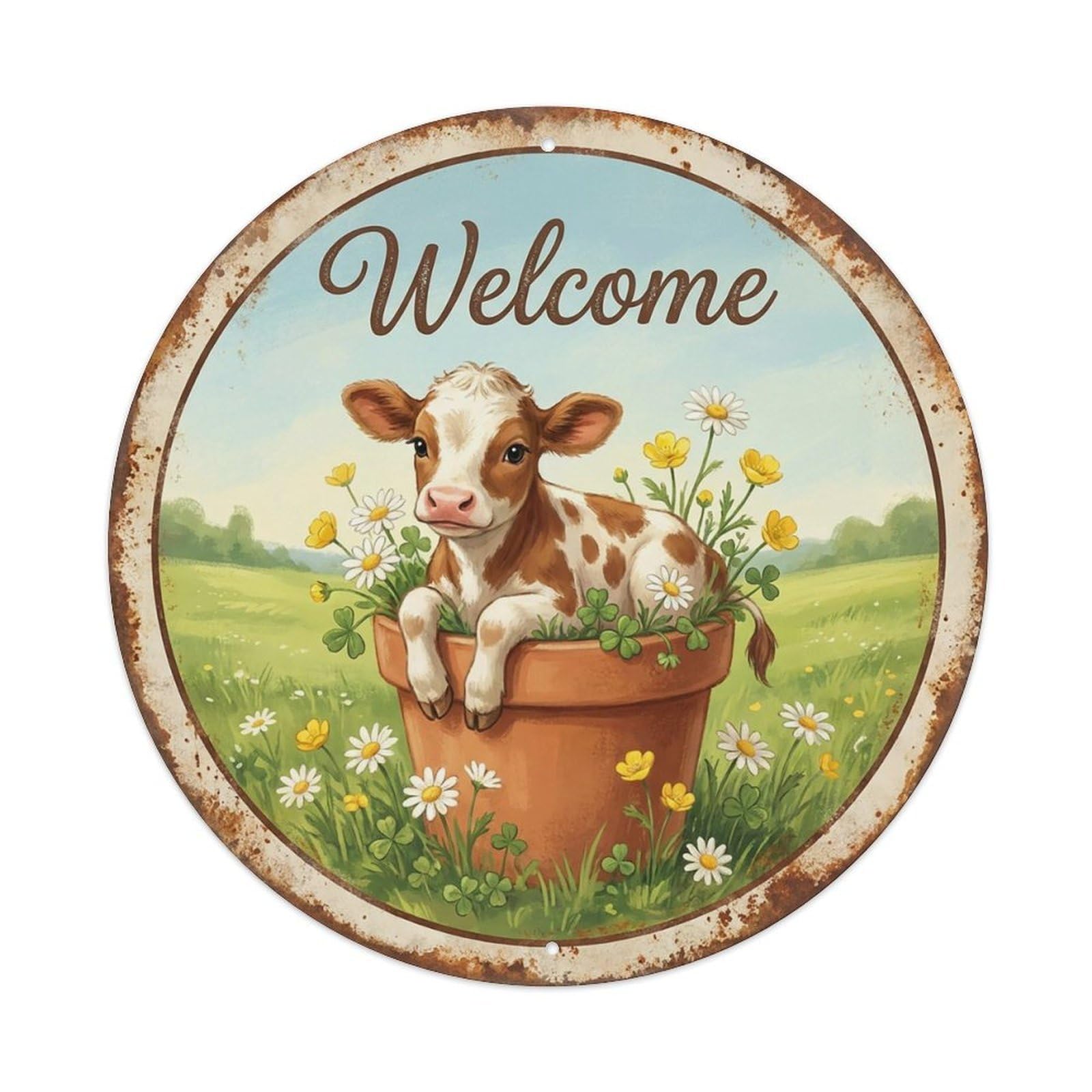 Vintage Welcome Calf Farm Daisies Vintage Metal Tin Sign Plaque Wall Decor for Cafe, Club Bar, Office, Garden Metal Poster 8x8Inch
