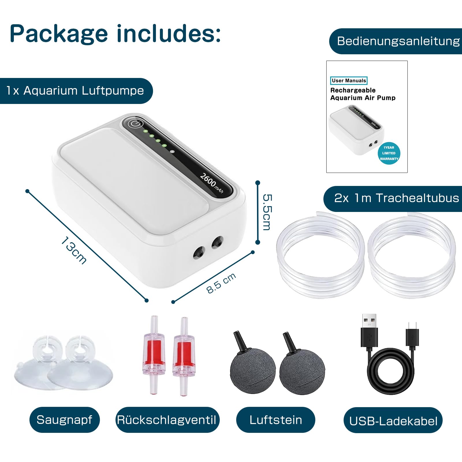 Wiederaufladbare Aquarium Luftpumpe,2600mAh Batterie Sehr Leise Sauerstoffpumpe,Multifunktionale Aquariumpumpe mit komplett Zubehör für Angeln im Freien/Aquarium/Stromausfall (Doppel Auslass)