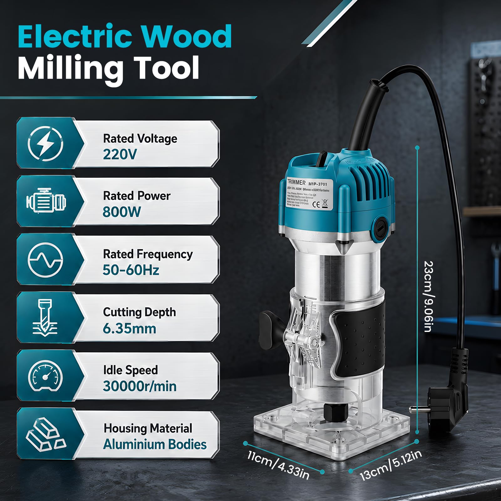 Fresadora de cantos de 800 W con 15 piezas, 800 W, 30000 rpm, fresadora profesional de 6,35 mm y carcasa de aluminio, fresadora de madera precisa para aficionados y profesionales