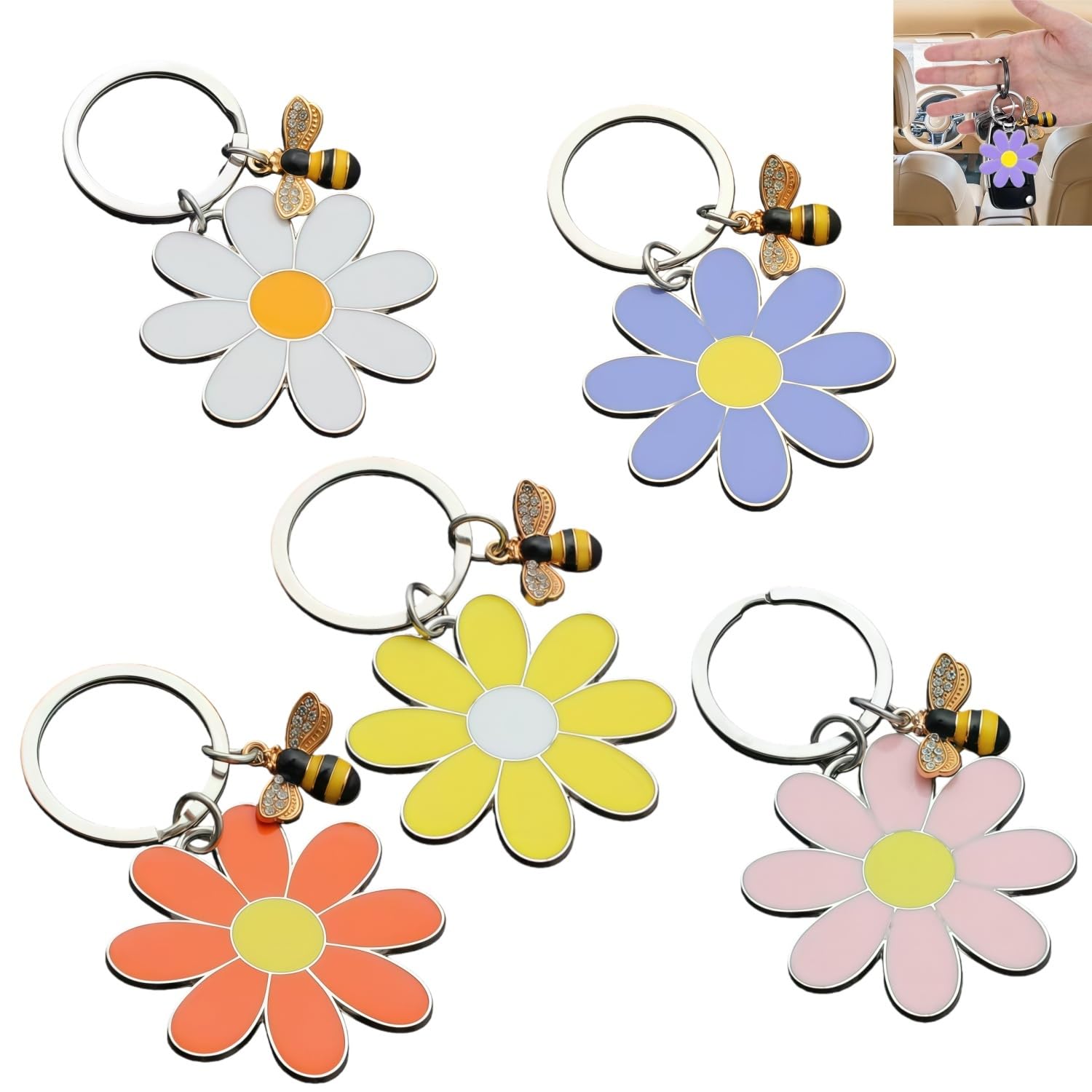 Wxinsheng 5 Pack Sunflower Keyrings for Women,Cute Floral Bee Keychain, Bag Charm & Key Holder Enamel Zinc Alloy Pendant,for Girls,Friends