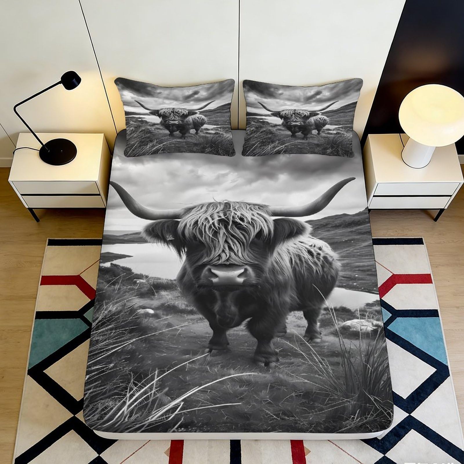 3D Printed Highland Cow Fitted Sheet Microfiber Soft Bedroom Decor Scottish Landscape Mattress Cover for Home Dorm 90x200x25cm