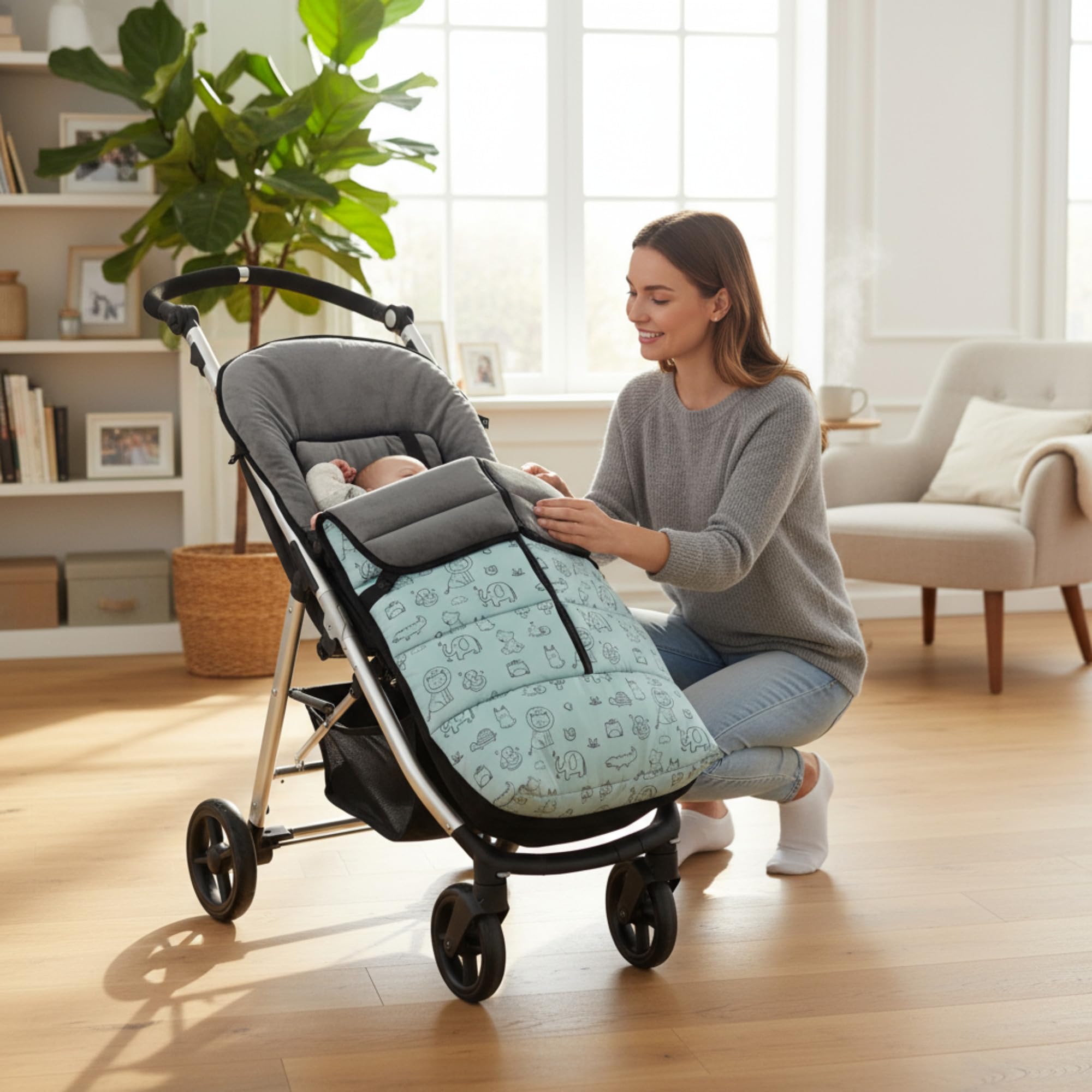 Variouss Saco Silla Paseo Universal Invierno Impermeable – Saco Cochecito Bebé con Cremallera Lateral y Forro Cálido de Coralina, Desmontable y Ajustable, con Estampado de Animalitos (Verde)
